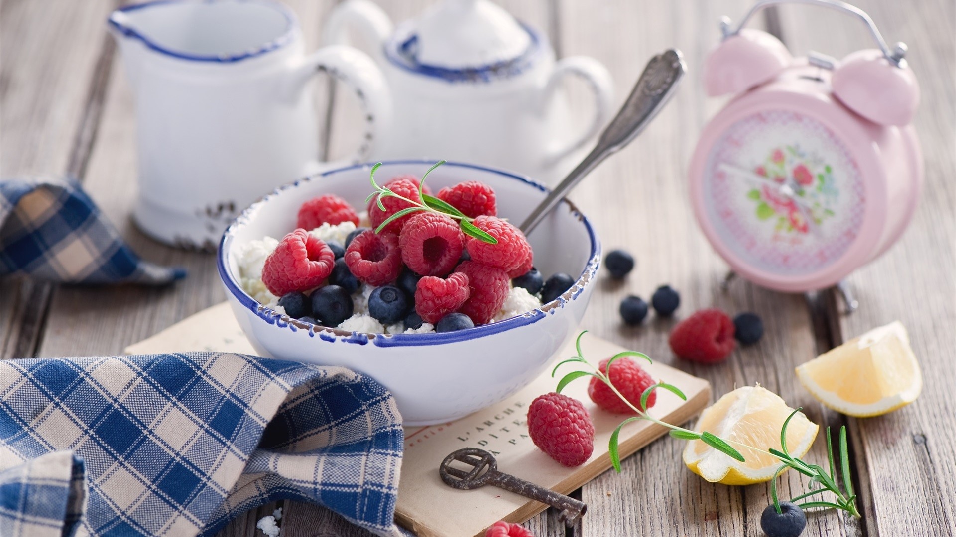 Cottage cheese with berries and a pink alarm clock HD Wallpaper