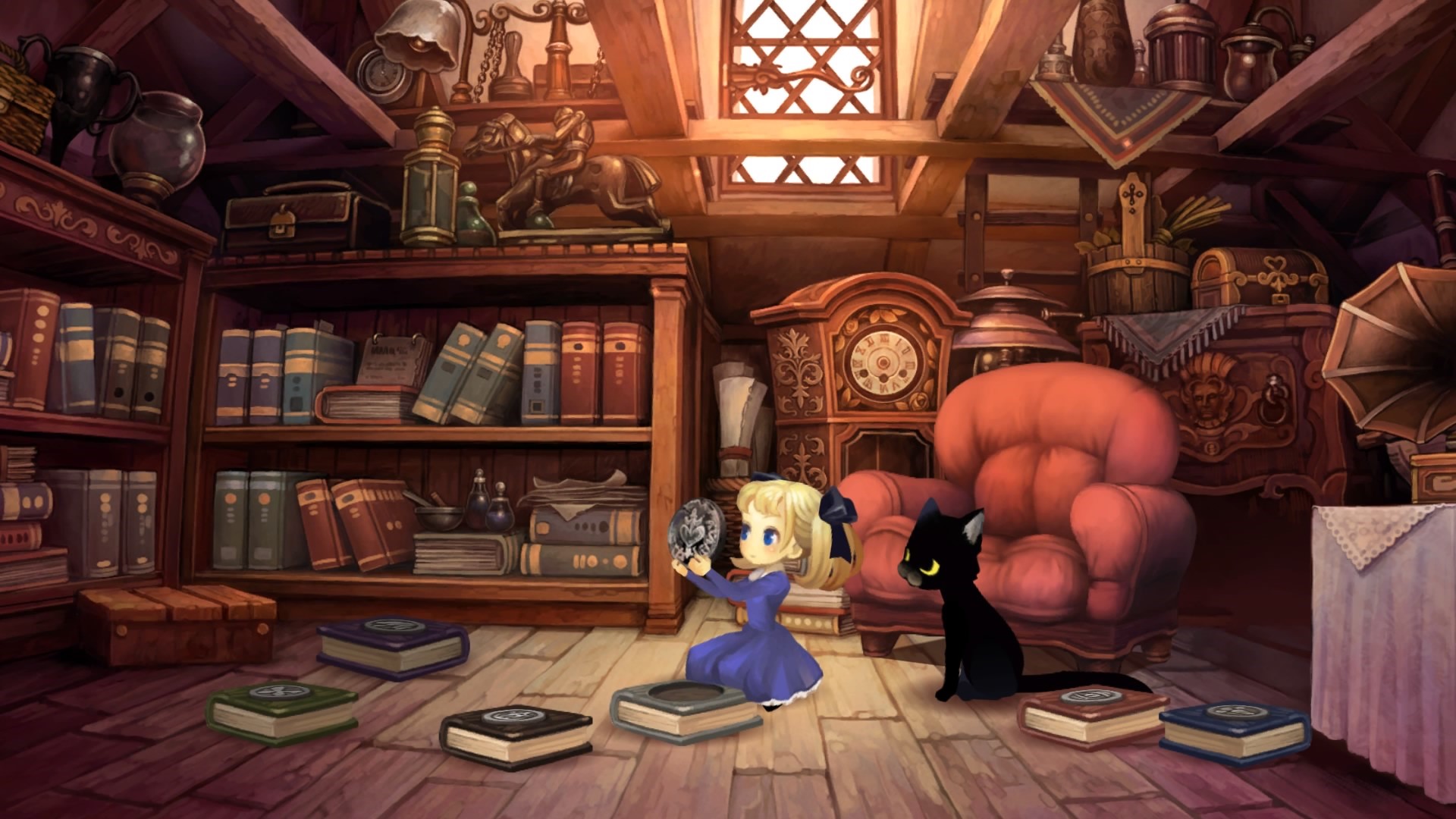 Girl and cat in a library with books HD Wallpaper