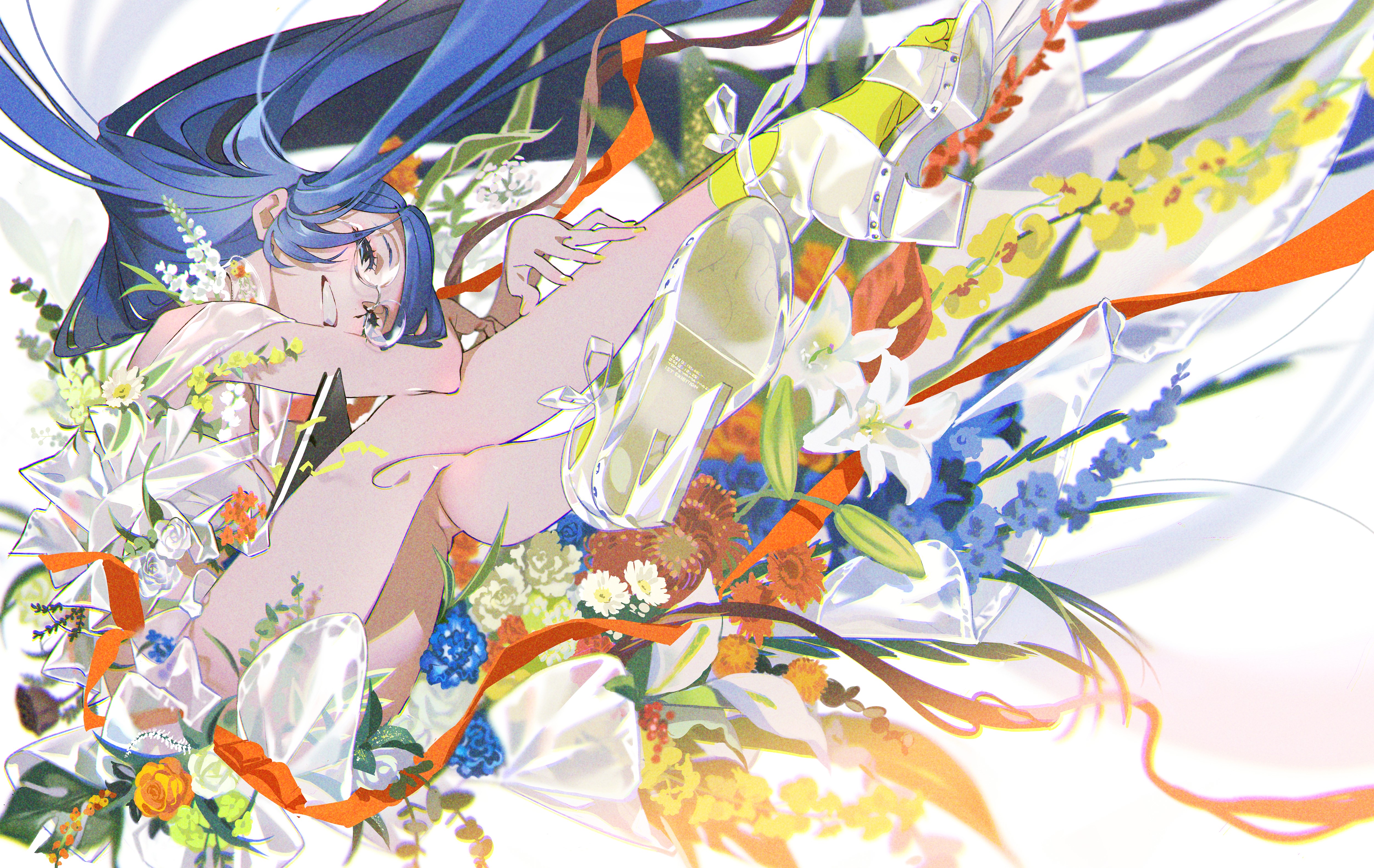 Anime girl with blue hair and flowers HD Wallpaper