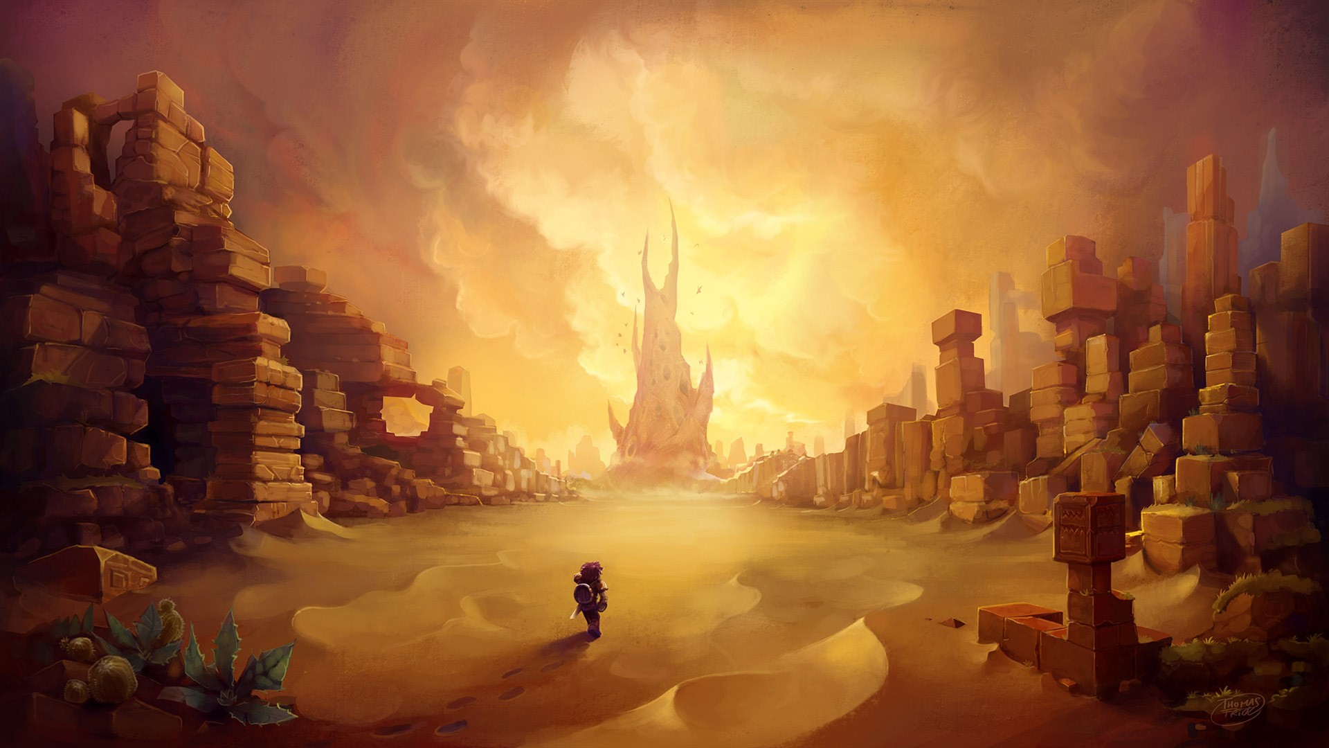 Character in a ruined desert landscape with a tall spire HD Wallpaper