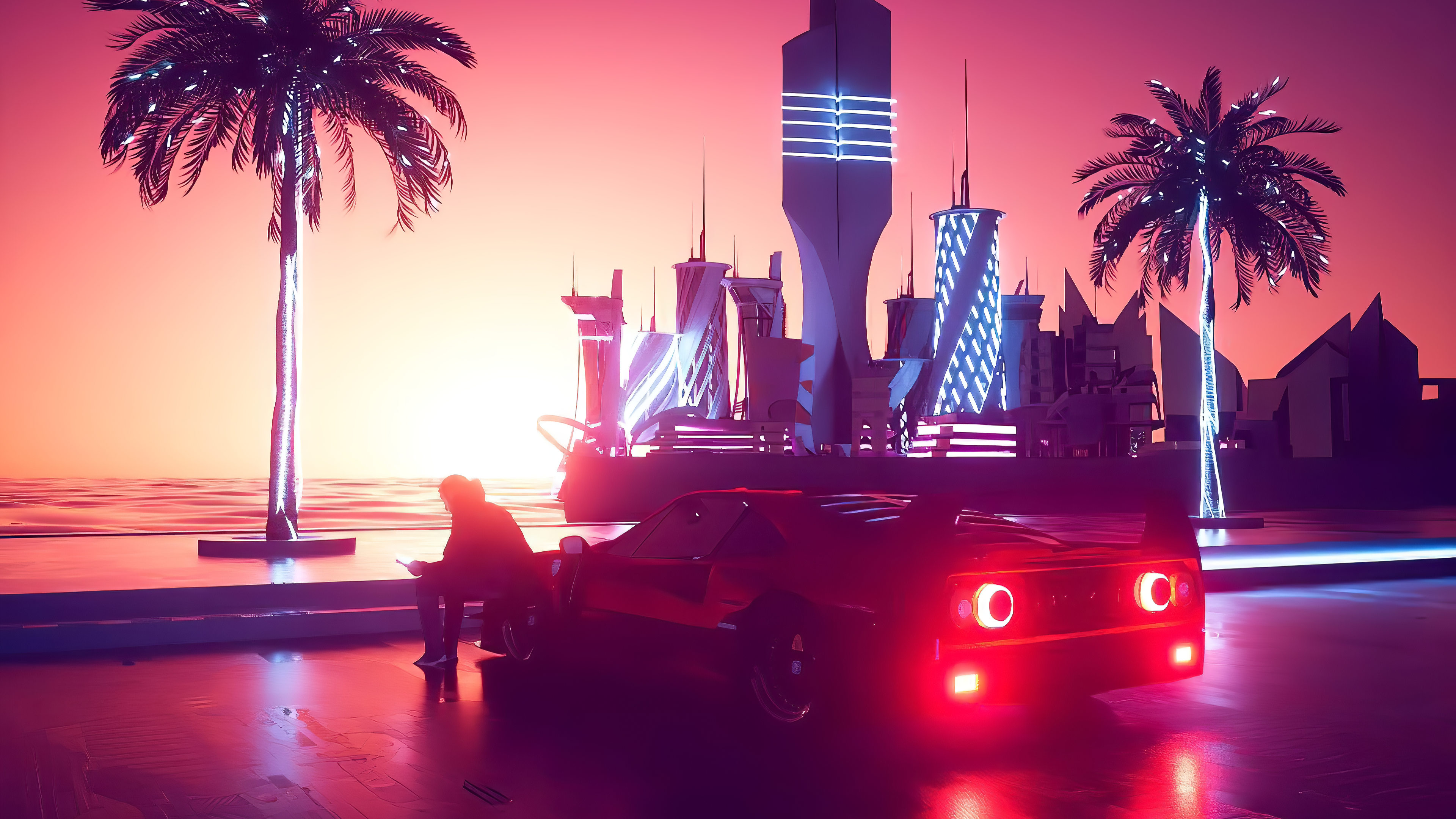4K sunset with car and palm trees HD Wallpaper