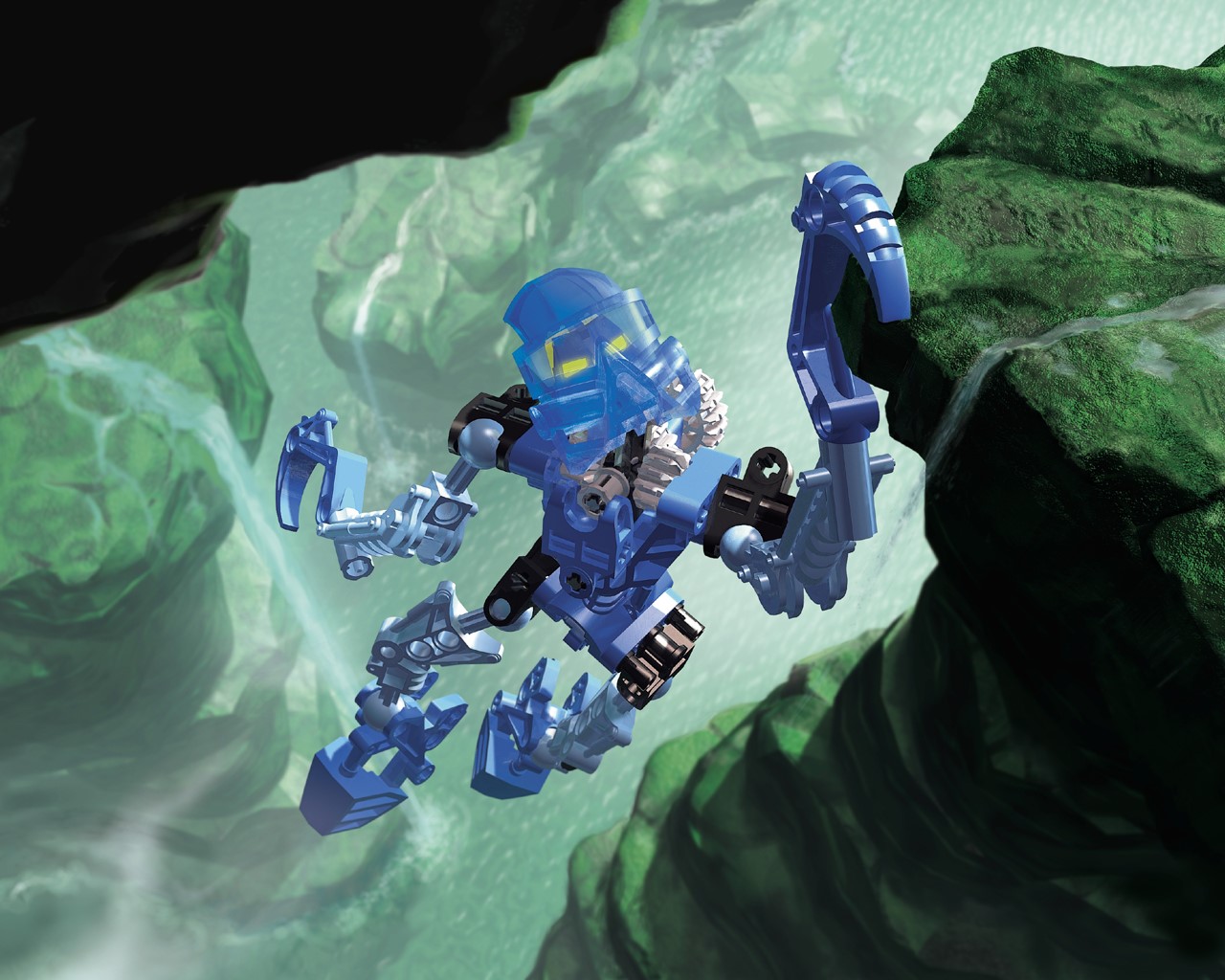Blue Bionicle figure with bow in a canyon HD Wallpaper