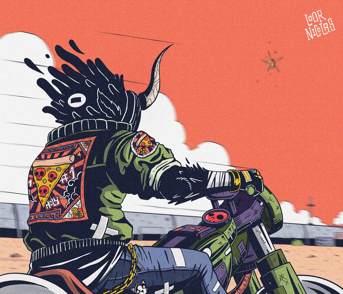 Character with horns riding a motorcycle HD Wallpaper