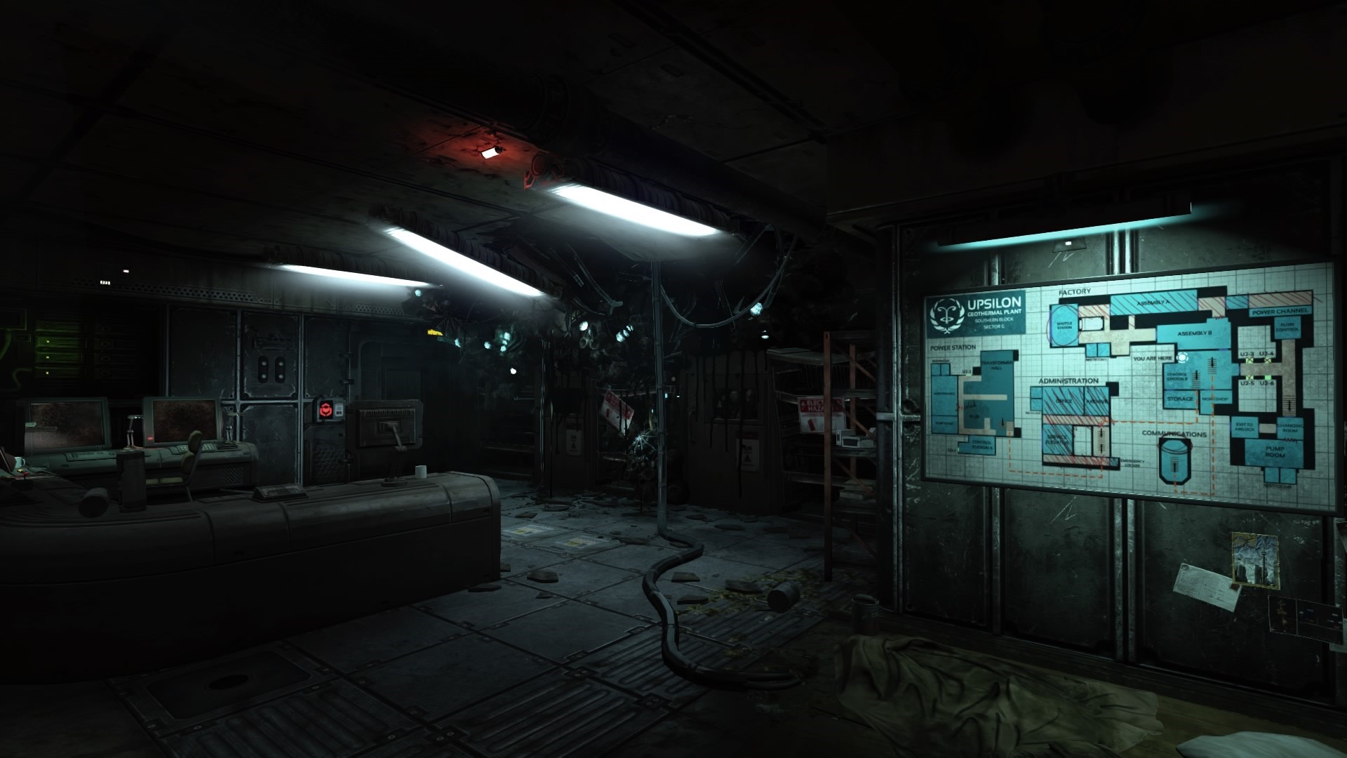 SOMA video game interior with map display HD Wallpaper