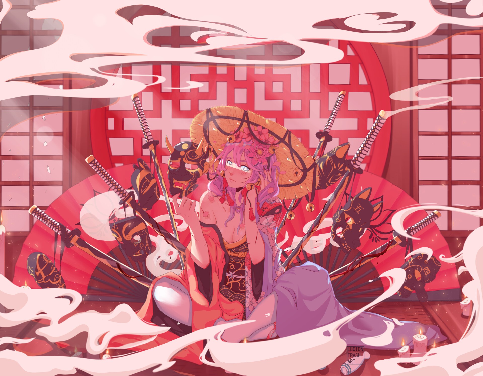 Anime girl with swords and masks HD Wallpaper