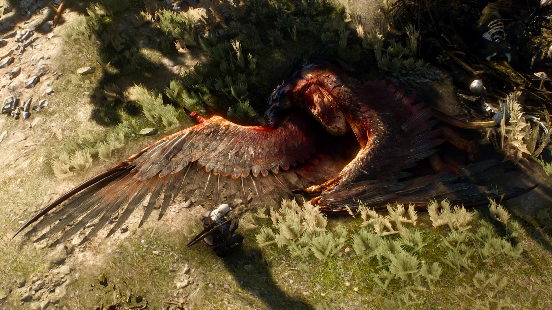 Geralt of Rivia with a dead Griffin in The Witcher 3 HD Wallpaper
