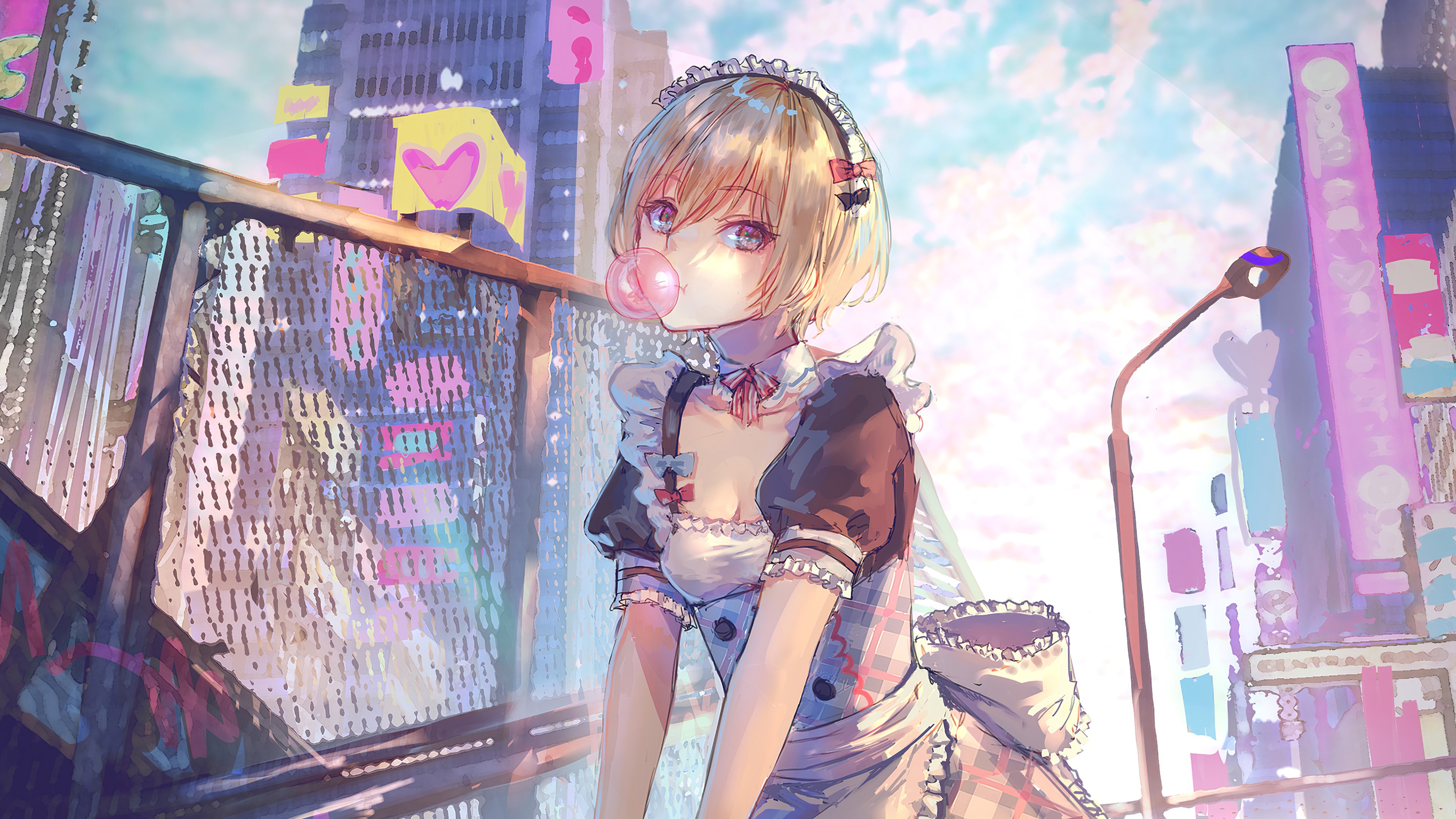 Anime girl in maid outfit blowing bubblegum in city HD Wallpaper