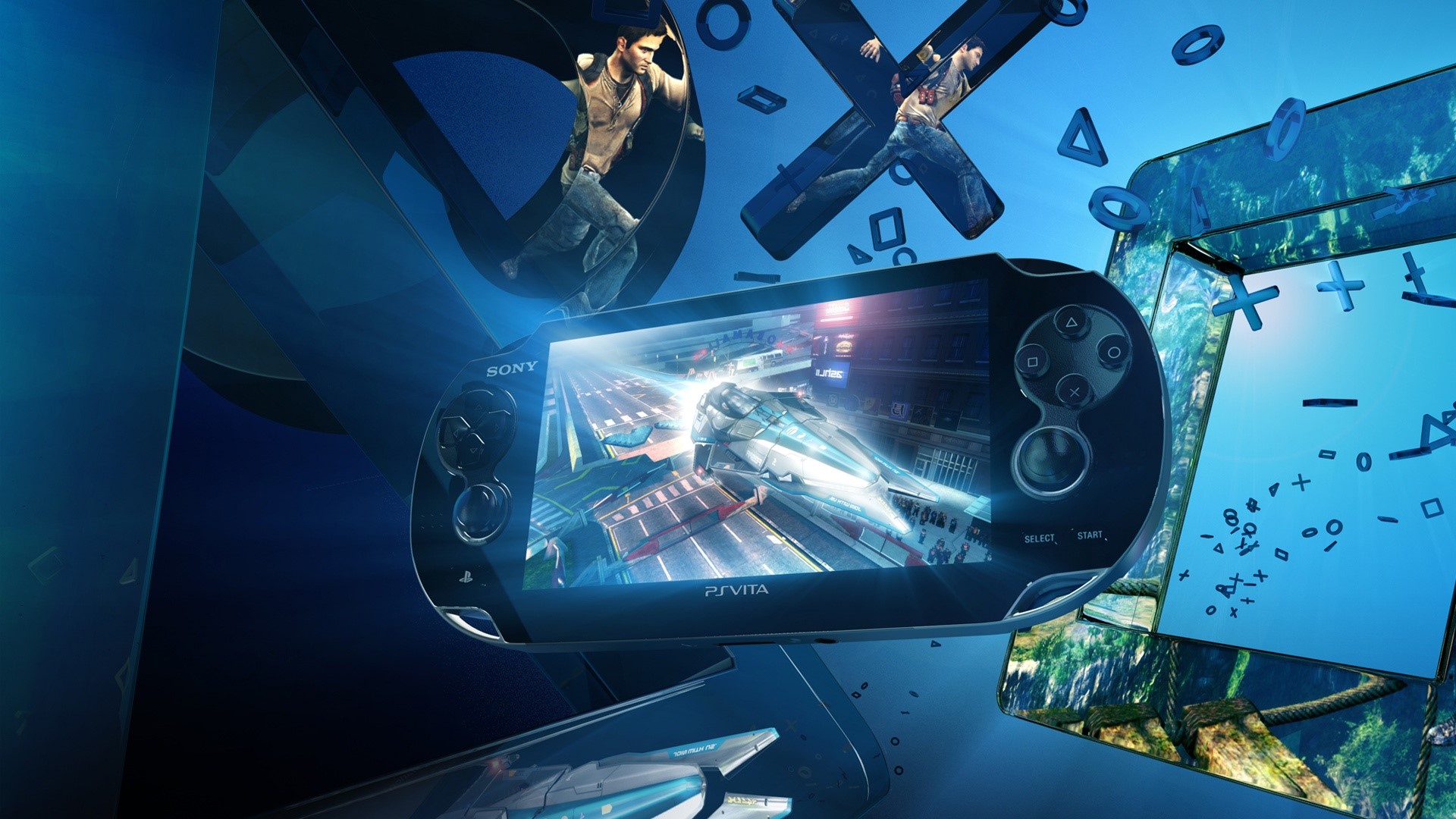 PlayStation Vita with game art and characters HD Wallpaper