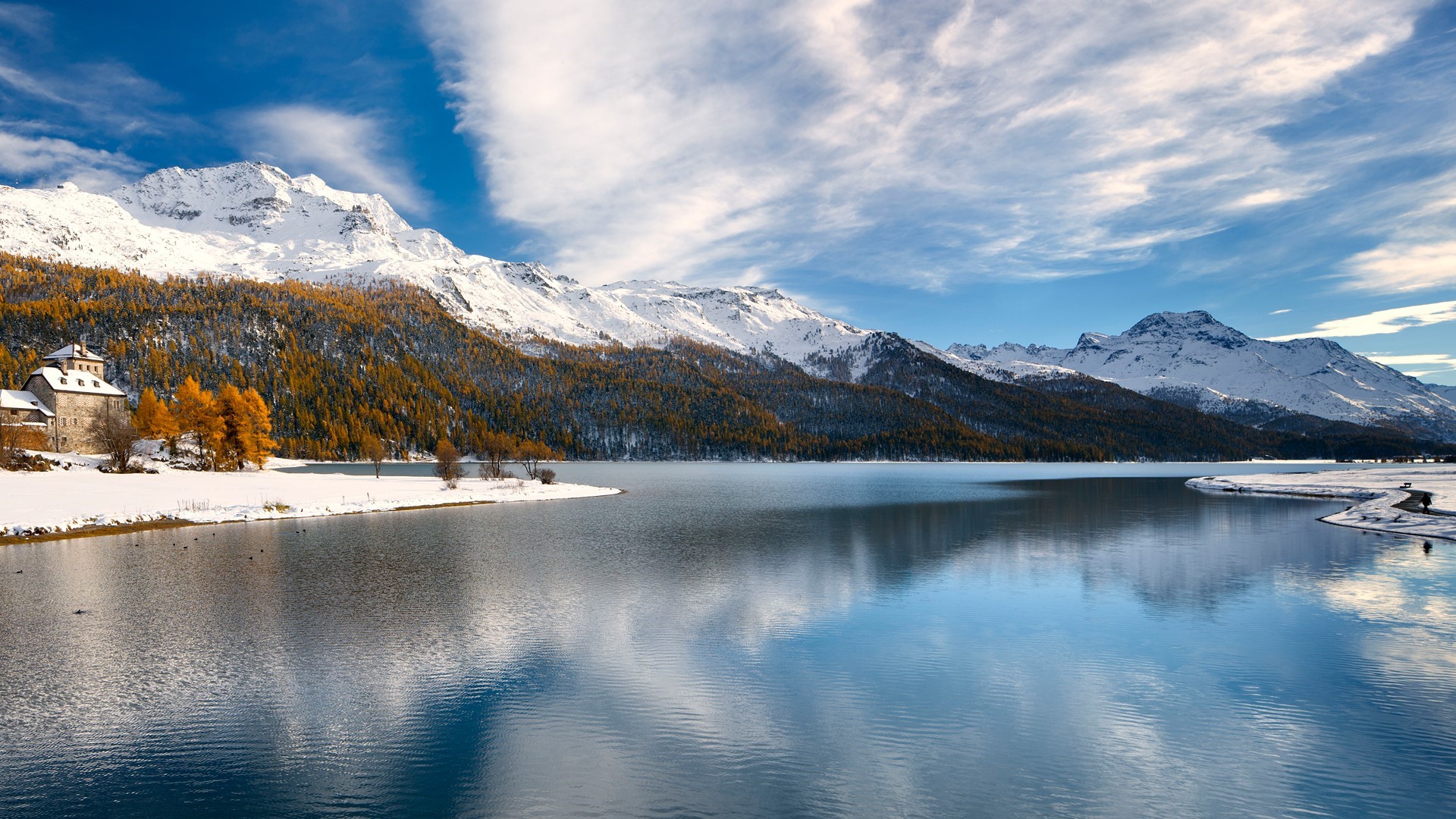 Snowy mountains and lake in Switzerland HD Wallpaper