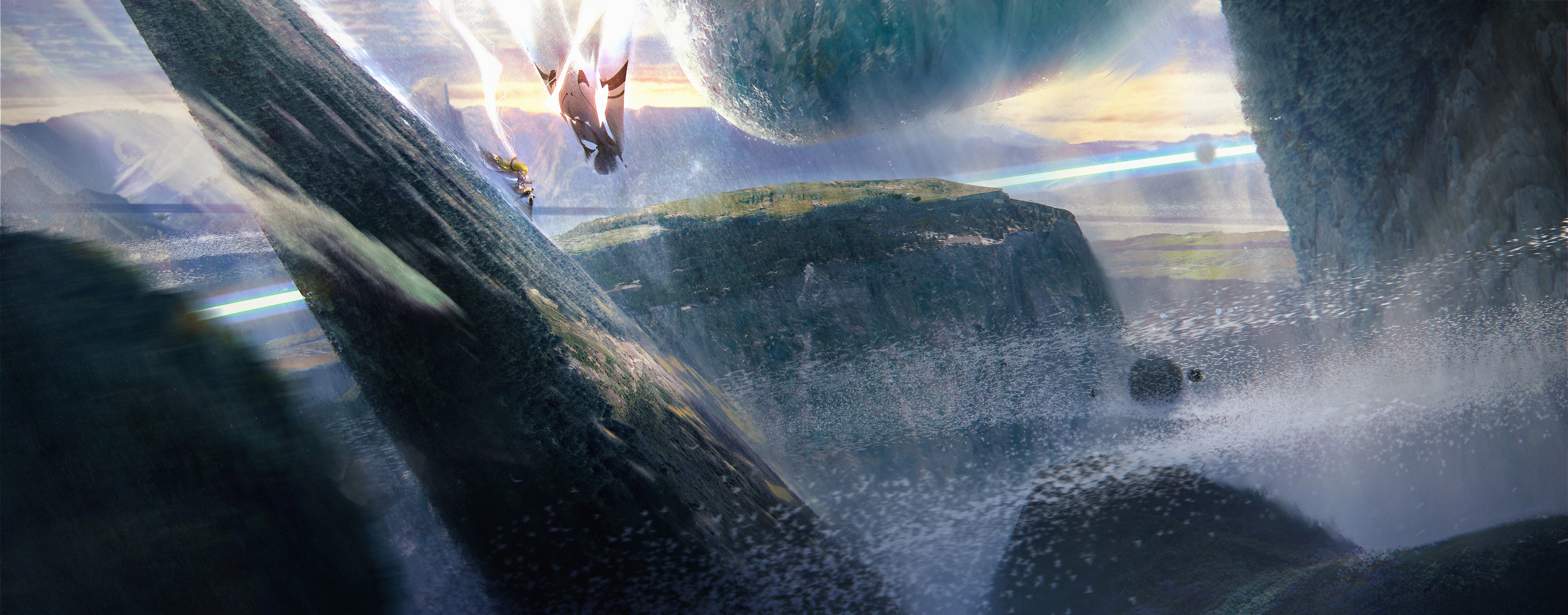 Artwork of figures in a fantastical landscape with floating islands HD Wallpaper