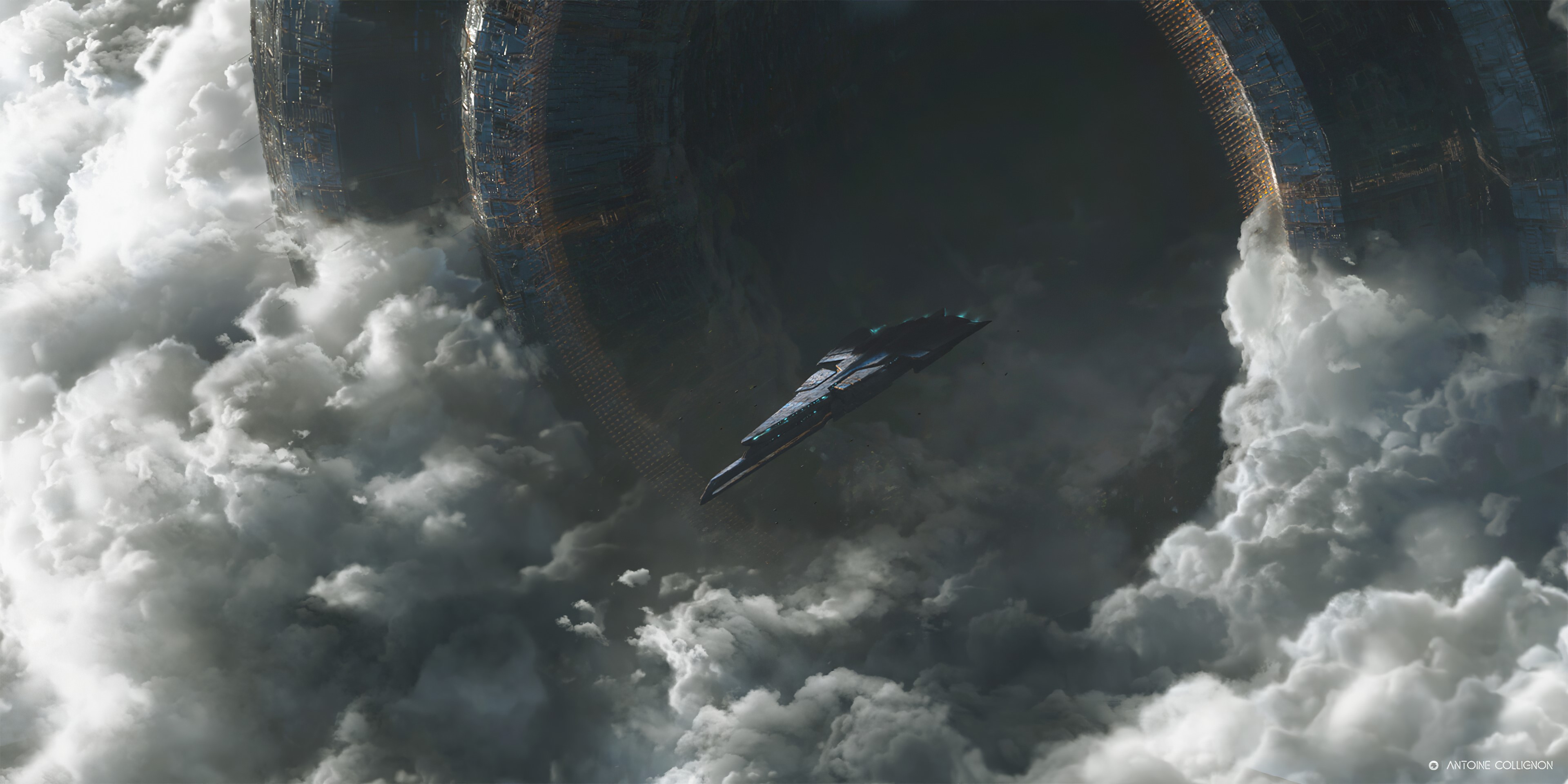 Spaceship near a massive structure in clouds HD Wallpaper