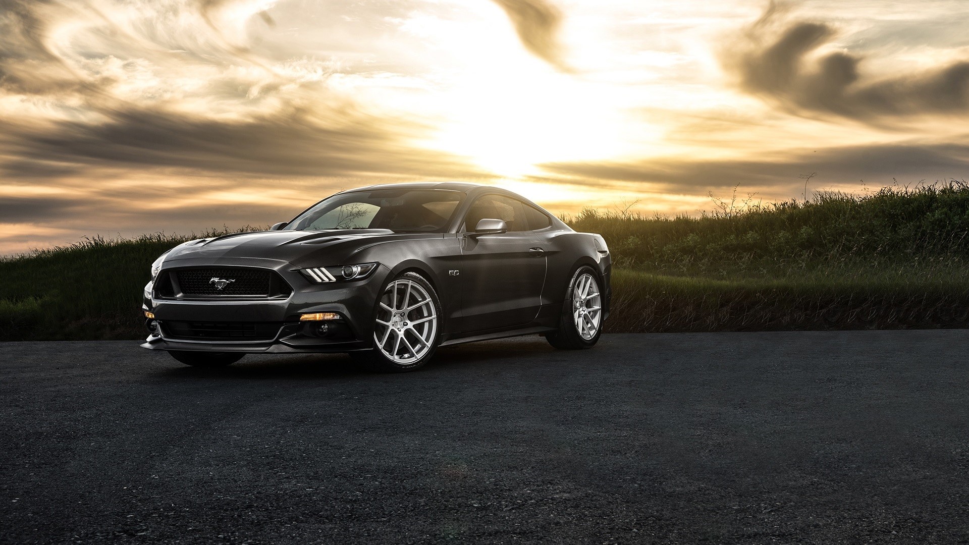 Dark Ford Mustang GT on a Road at Sunset HD Wallpaper