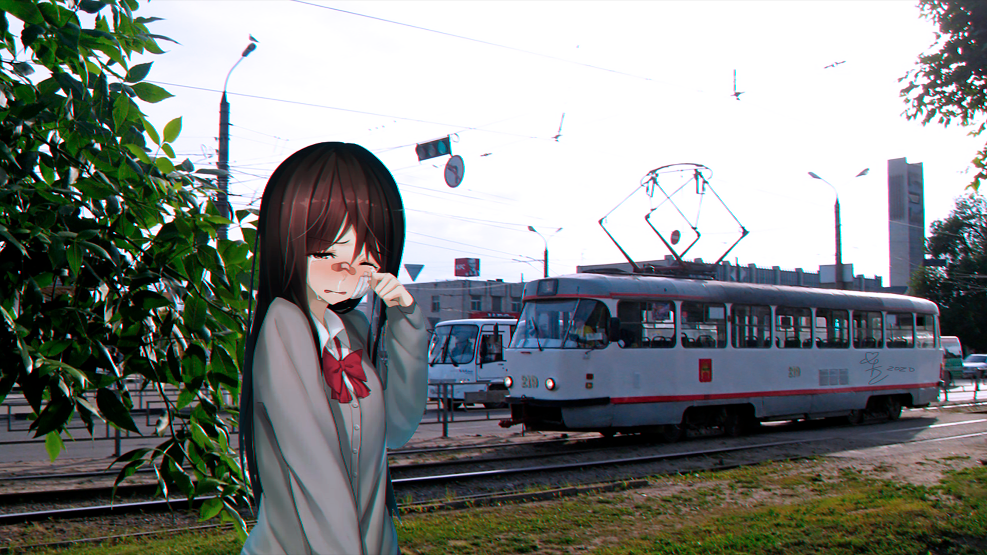 Anime girl crying near a tram in Russia HD Wallpaper