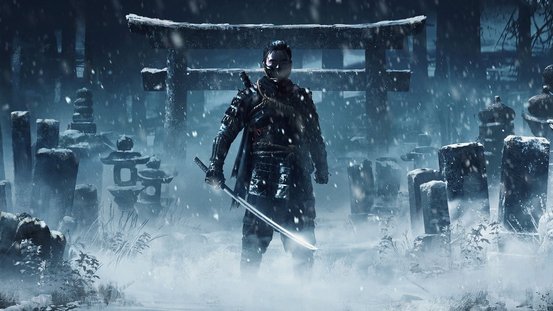 Samurai warrior with katana in snowy graveyard HD Wallpaper