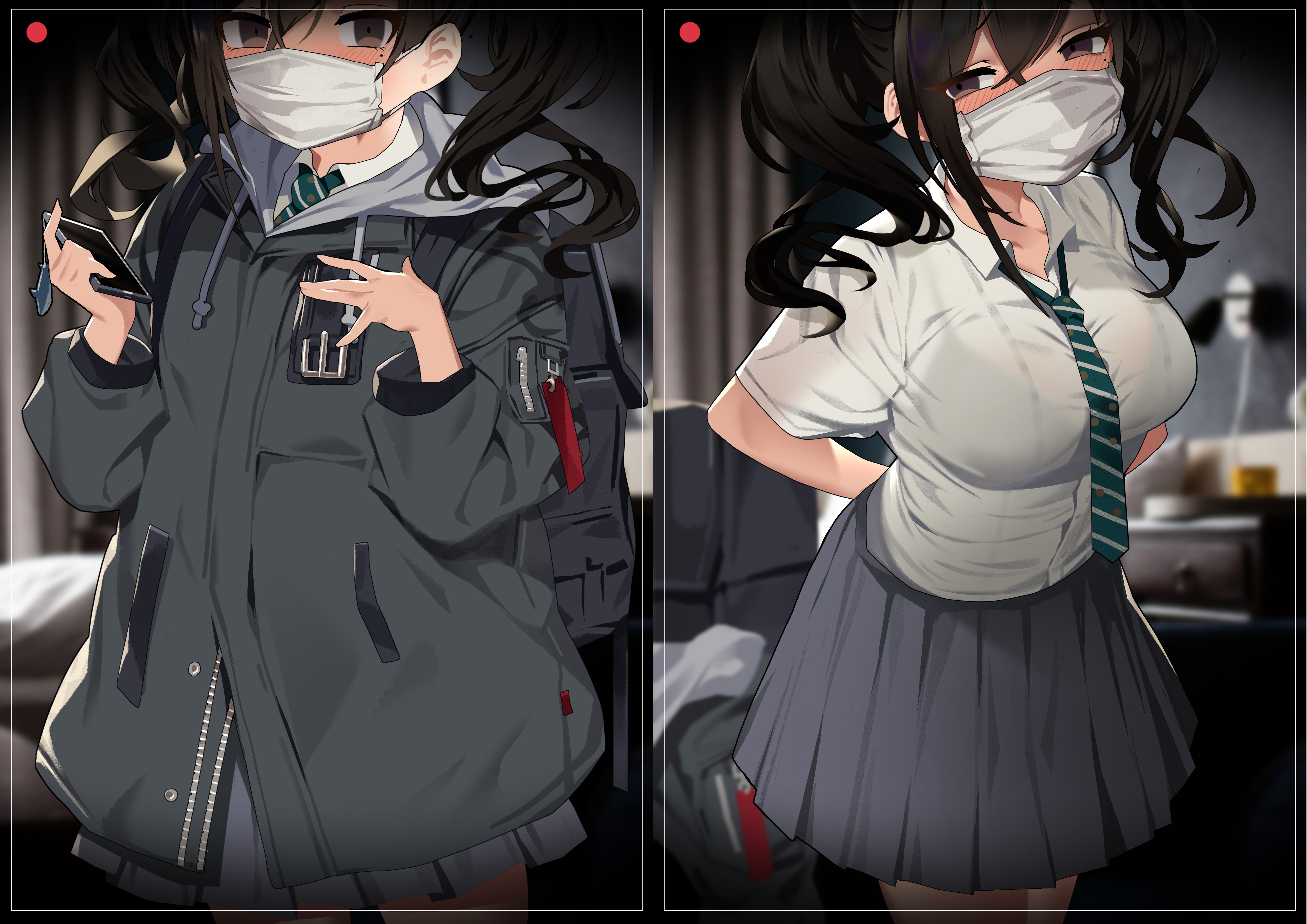 Anime girl wearing mask and school uniform HD Wallpaper