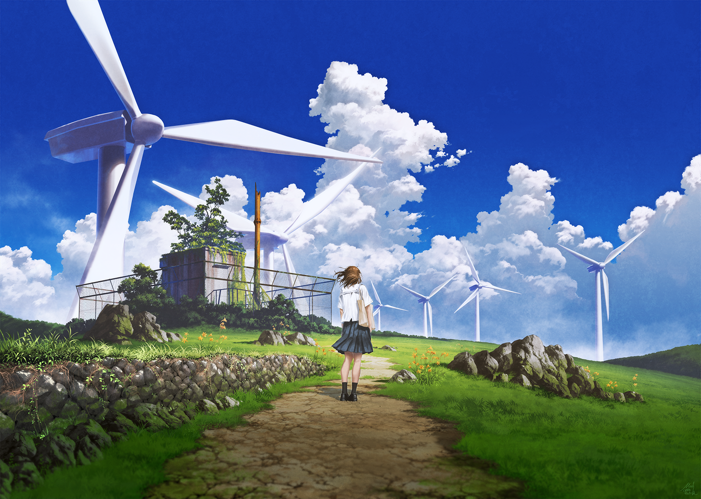Anime girl walking towards wind turbines under blue sky HD Wallpaper