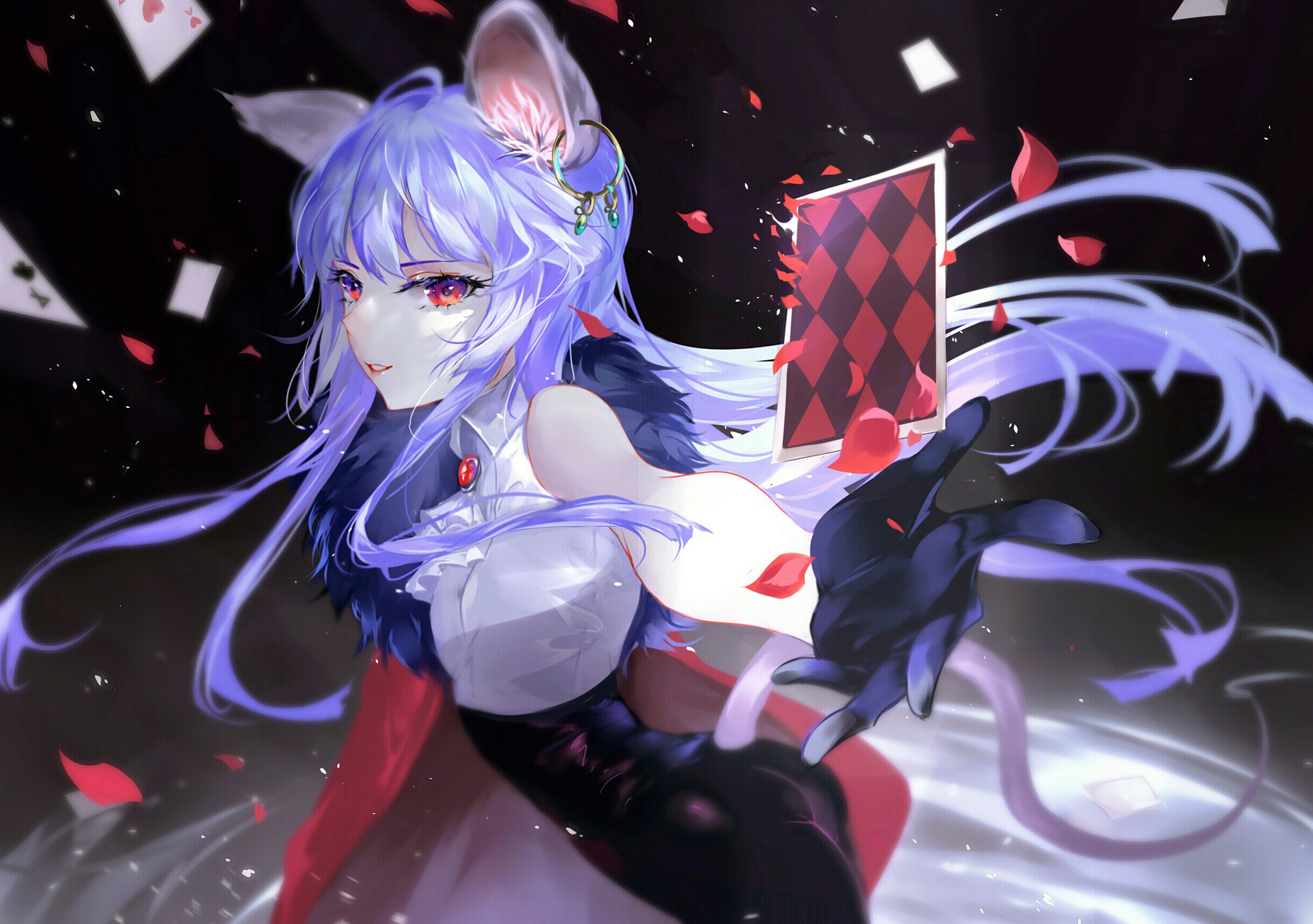 Anime girl with purple hair and fox ears holding a card HD Wallpaper