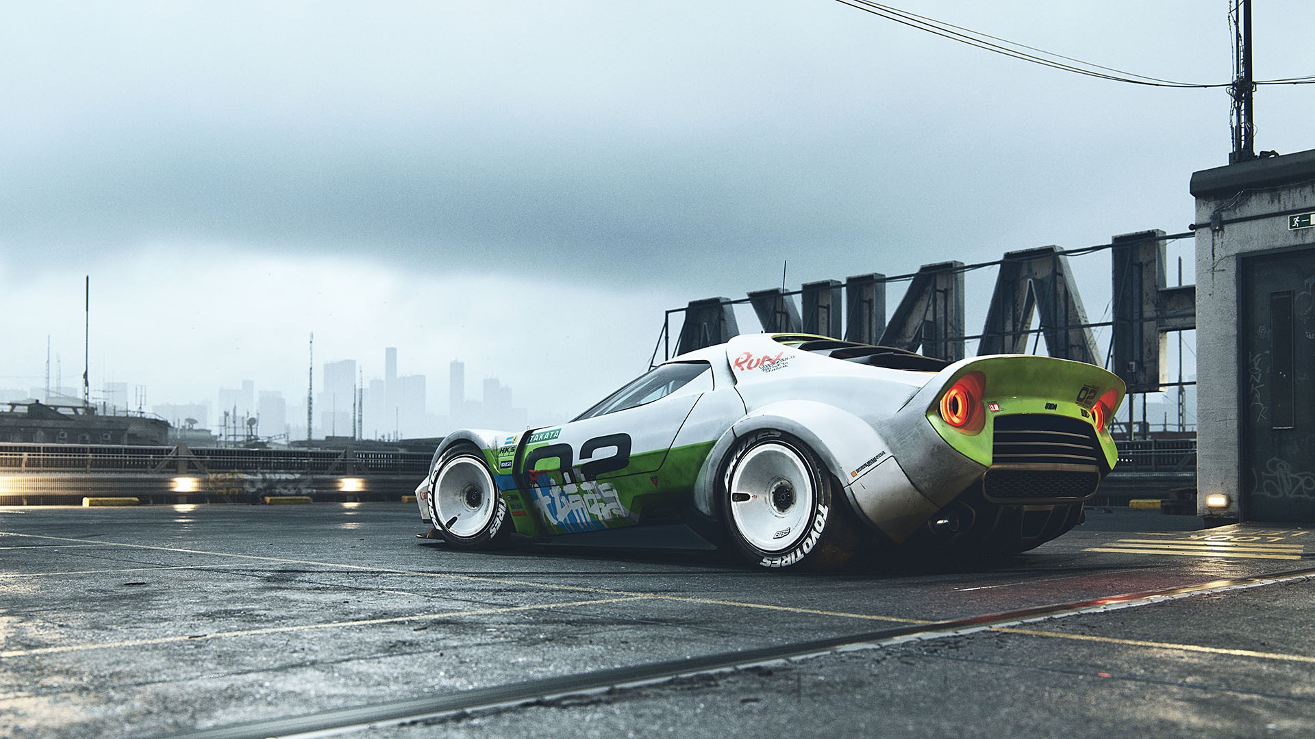 Futuristic Lancia Stratos race car on wet asphalt HD Wallpaper