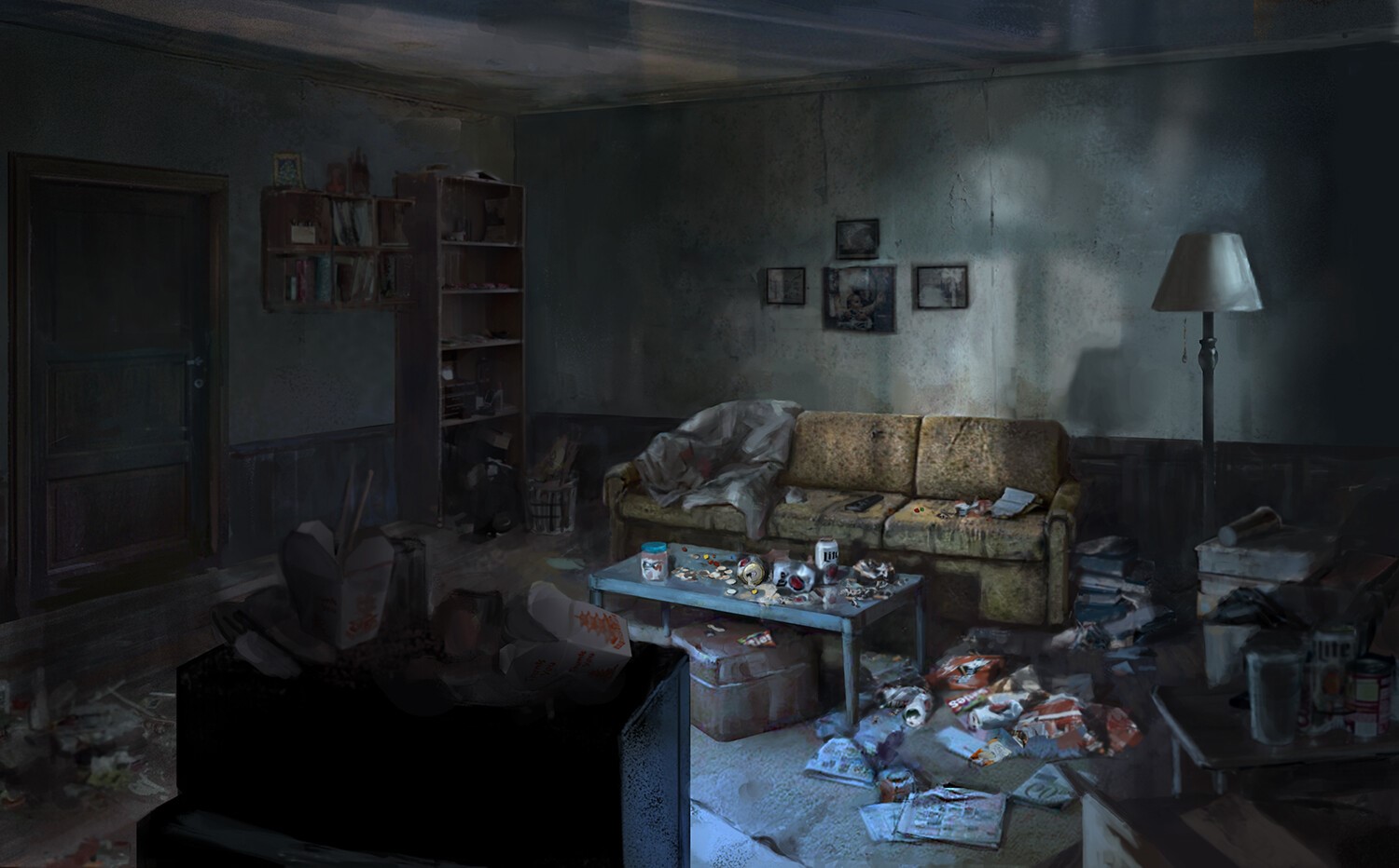Artwork of a trashed apartment interior HD Wallpaper