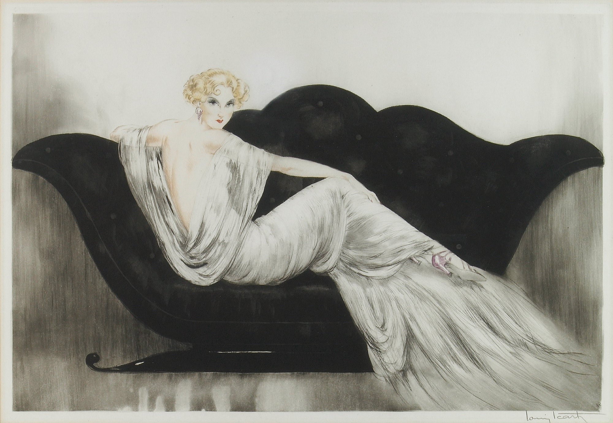 Woman in a white dress on a chaise lounge by Louis Icart HD Wallpaper