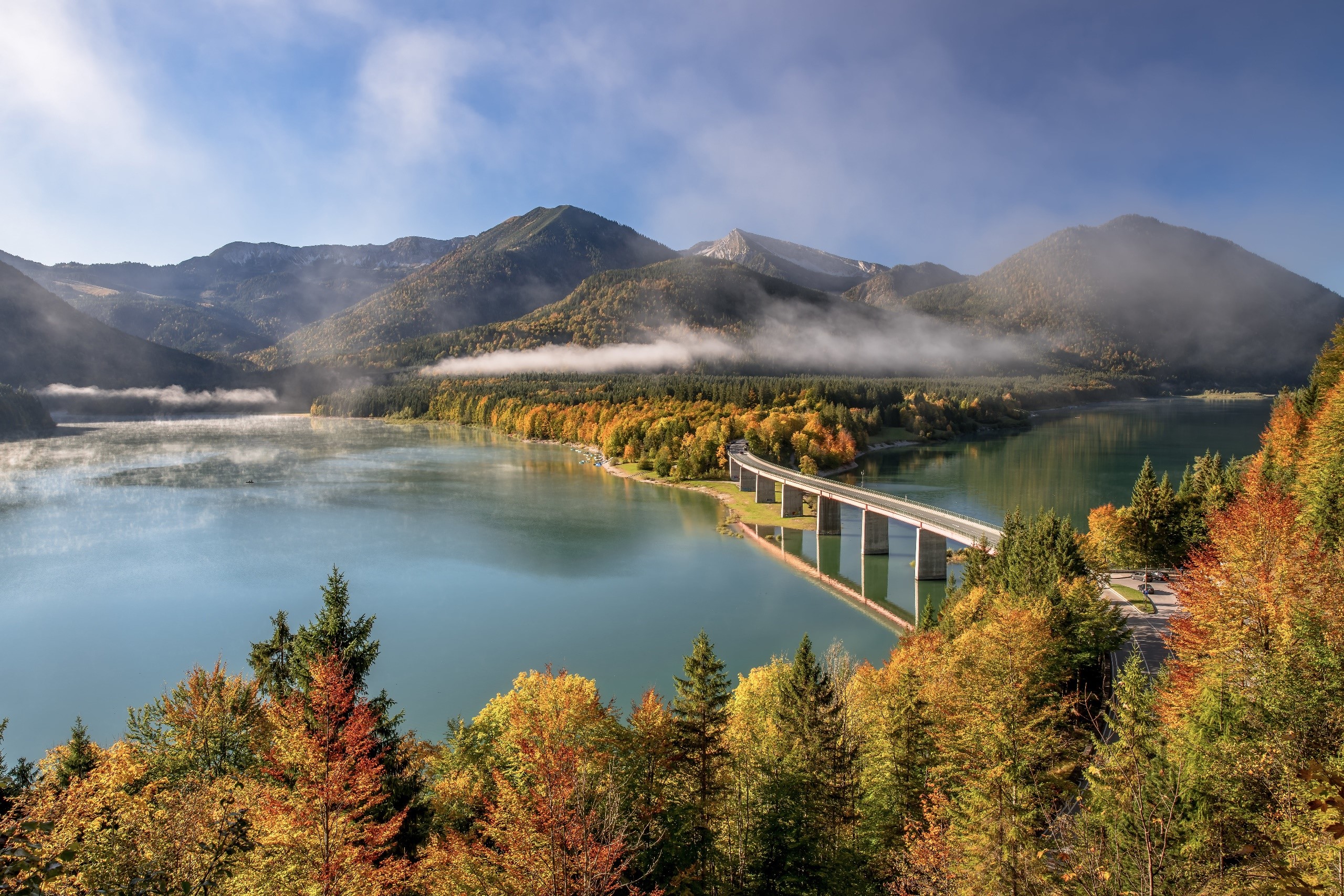 Lake Sylvenstein bridge in autumn, Bavaria, Germany HD Wallpaper