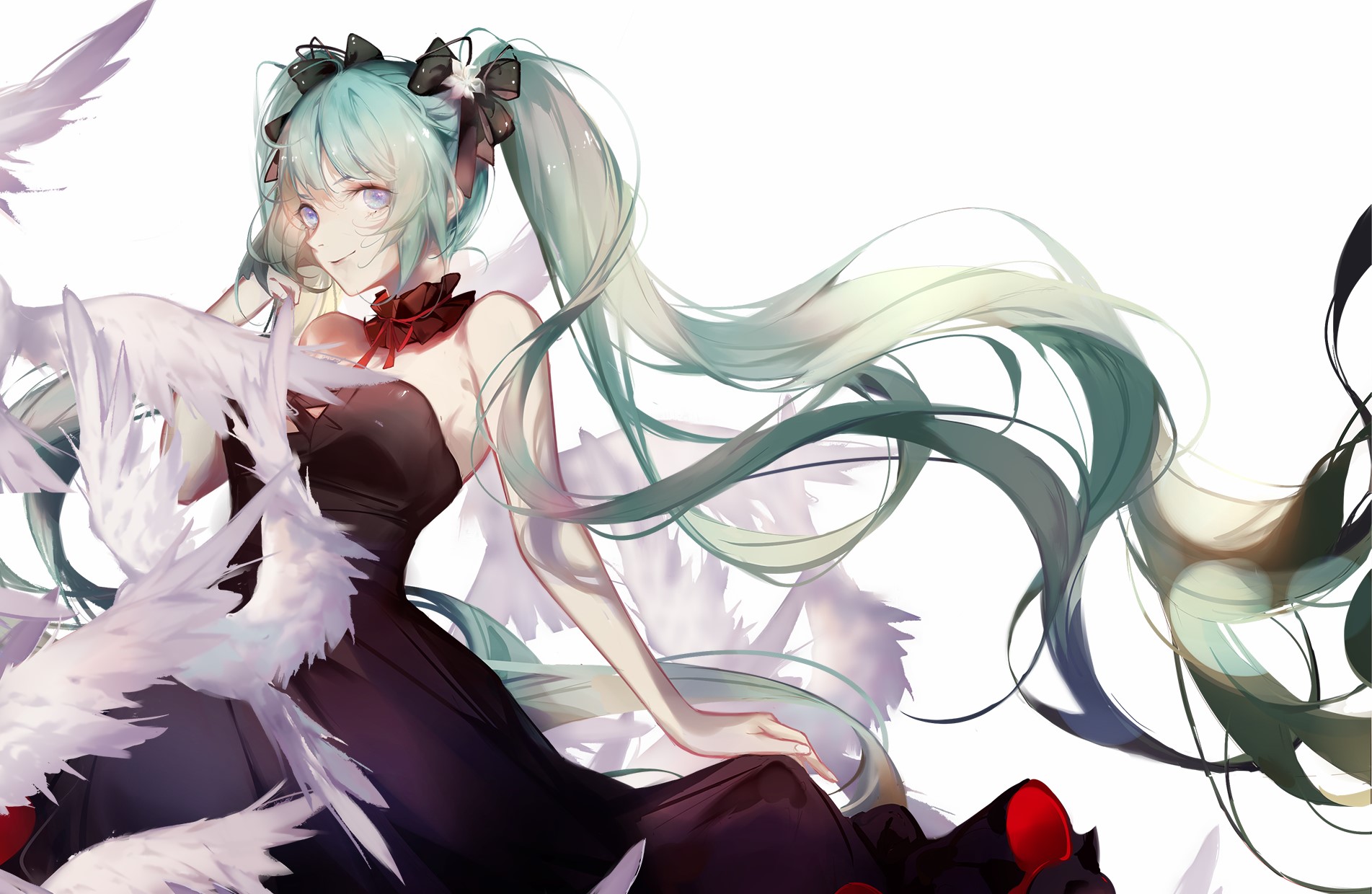 Hatsune Miku in a black dress with white feathers HD Wallpaper