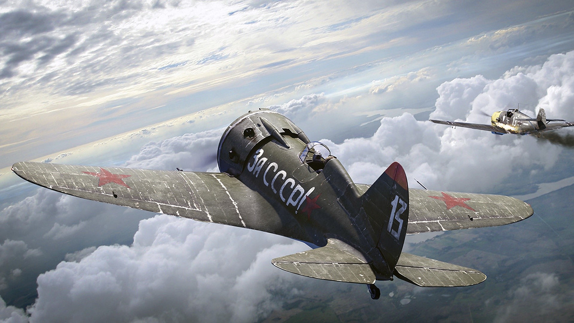 Soviet and German fighter planes in combat HD Wallpaper