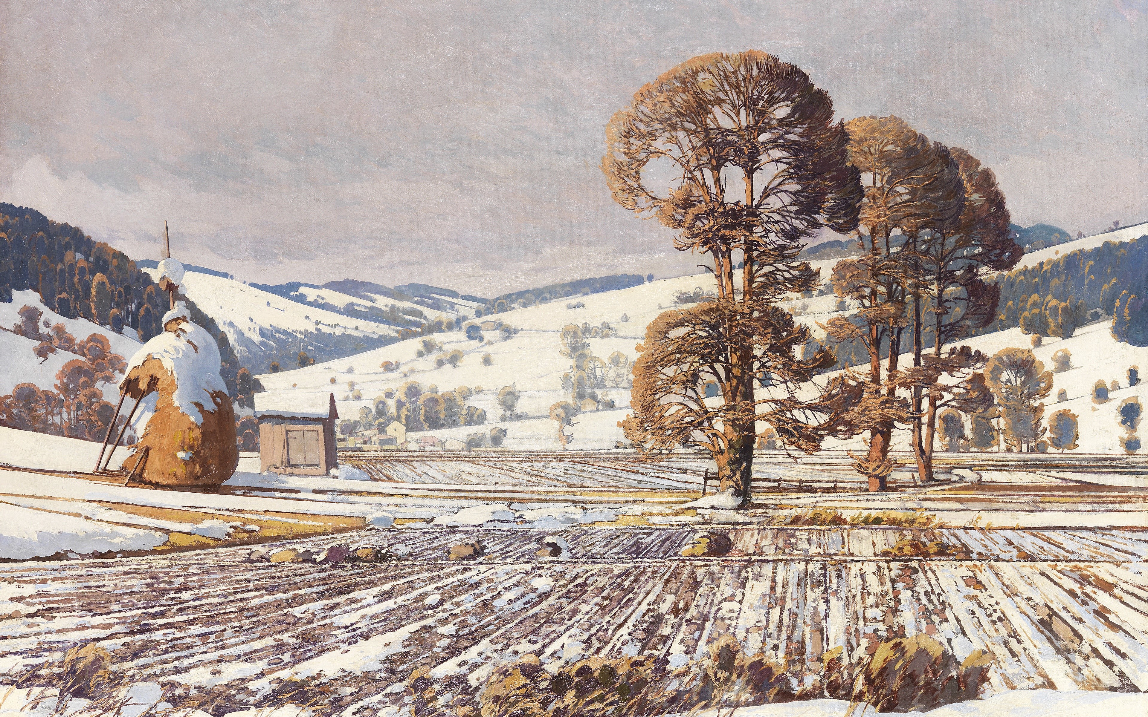 Winter landscape with haystacks and trees by Josef Stoitzner HD Wallpaper