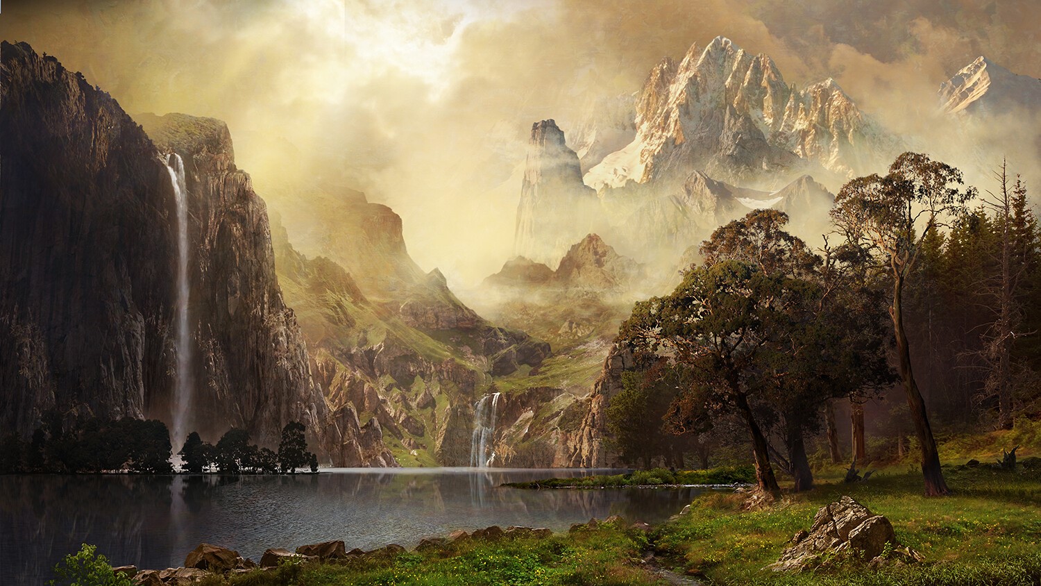 Artwork of a mountain landscape with waterfalls and trees HD Wallpaper