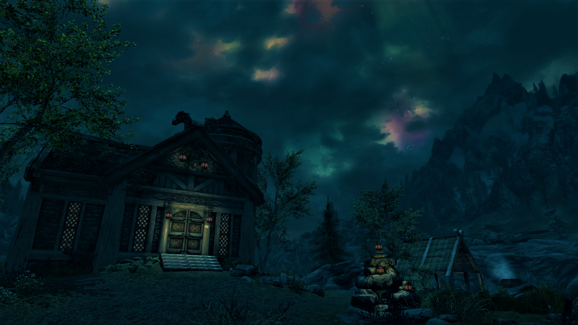 The Elder Scrolls V: Skyrim - Nighttime Village Scene HD Wallpaper