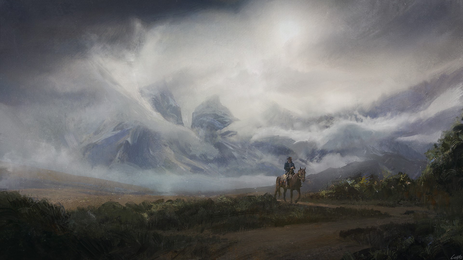 Man on horseback in misty mountains HD Wallpaper