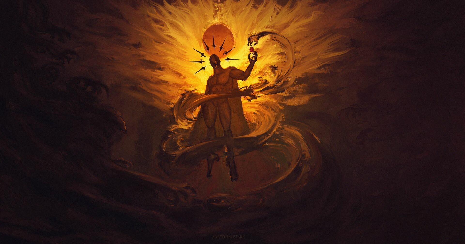 Artwork of a figure surrounded by fire and swords HD Wallpaper