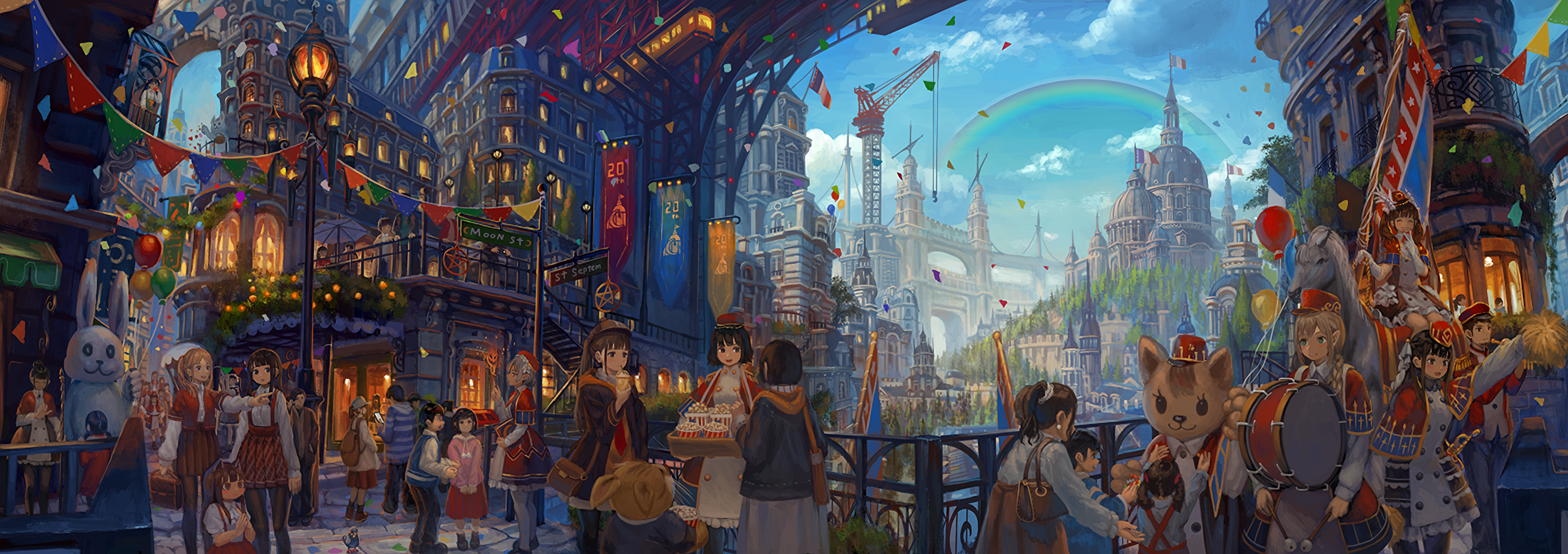 Anime festival parade with marching band and buildings HD Wallpaper
