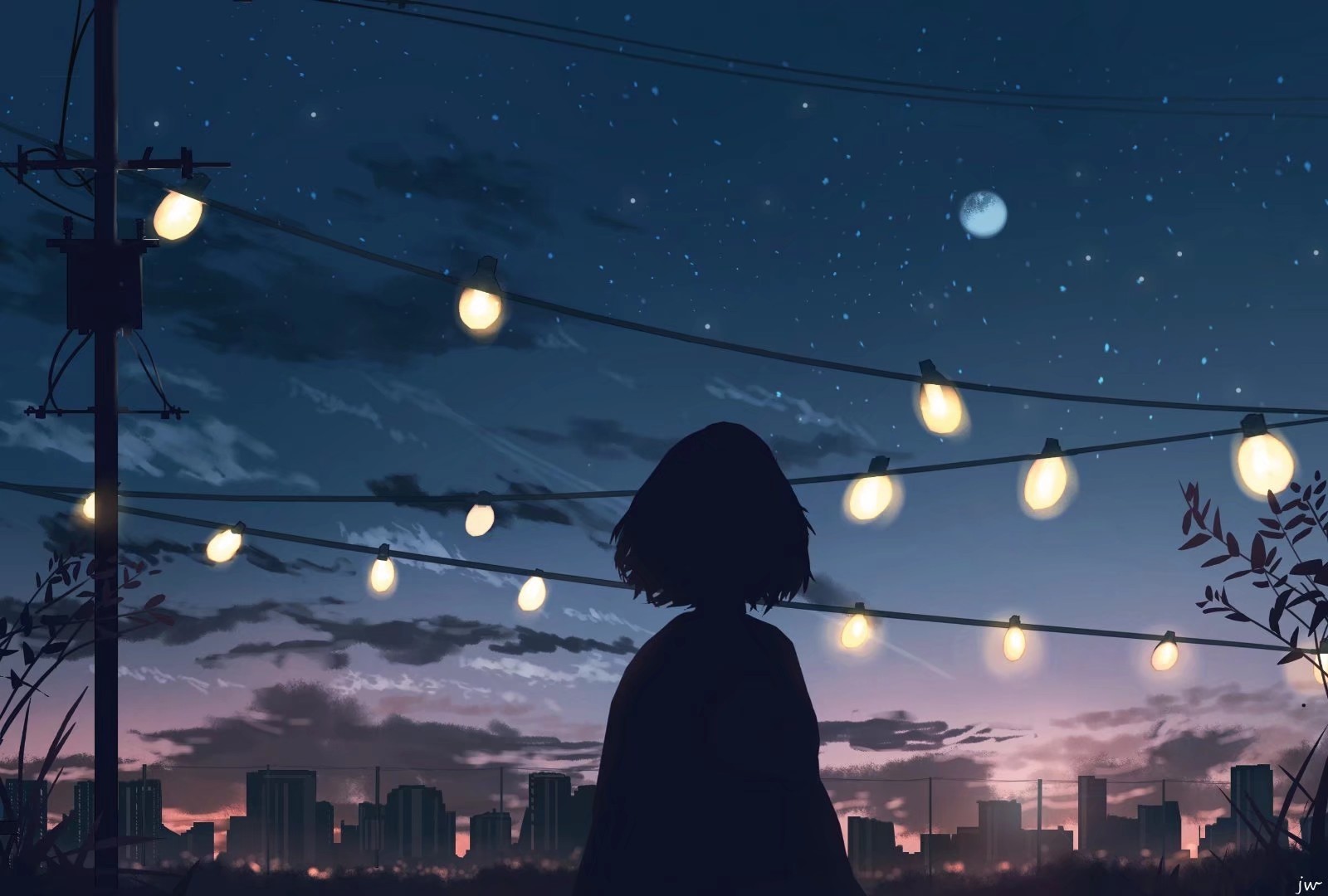 Anime silhouette girl looking at city lights at night HD Wallpaper