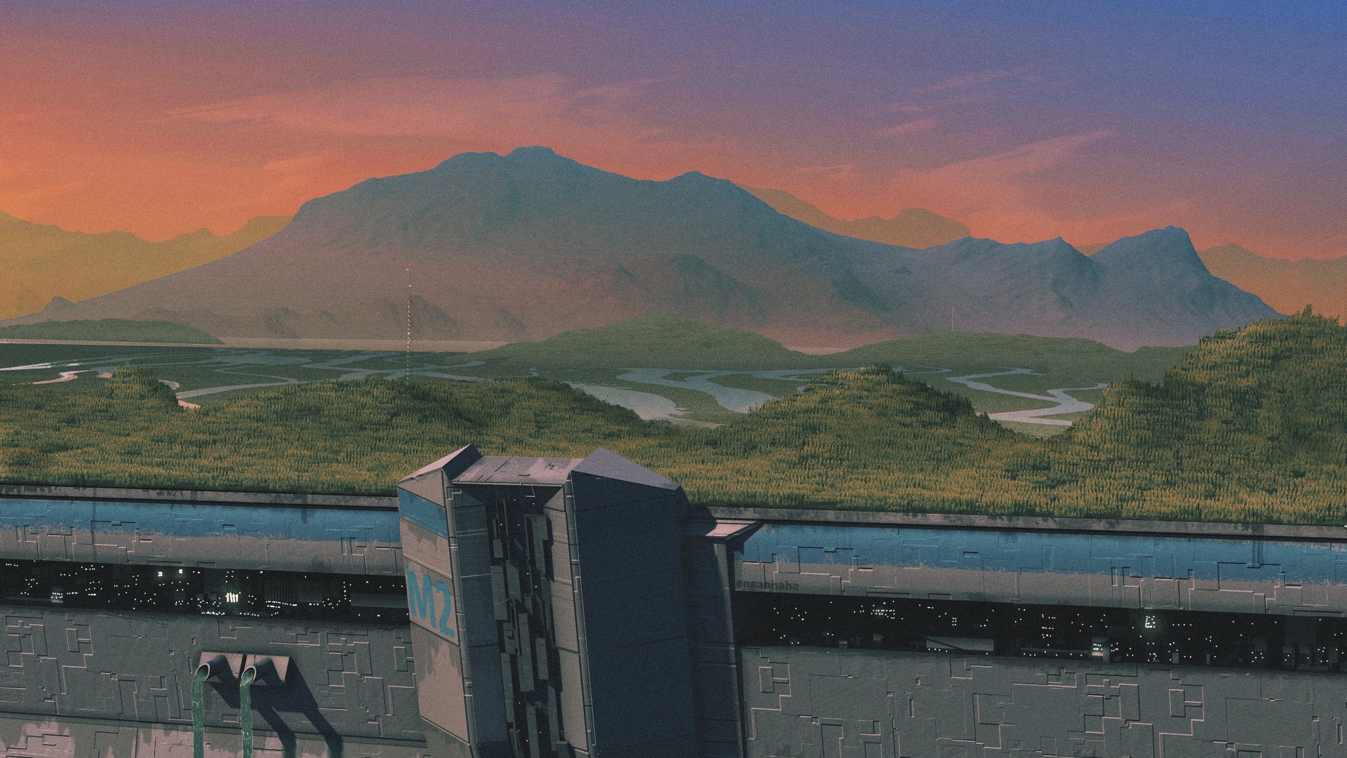 Futuristic dam with mountains and river landscape HD Wallpaper