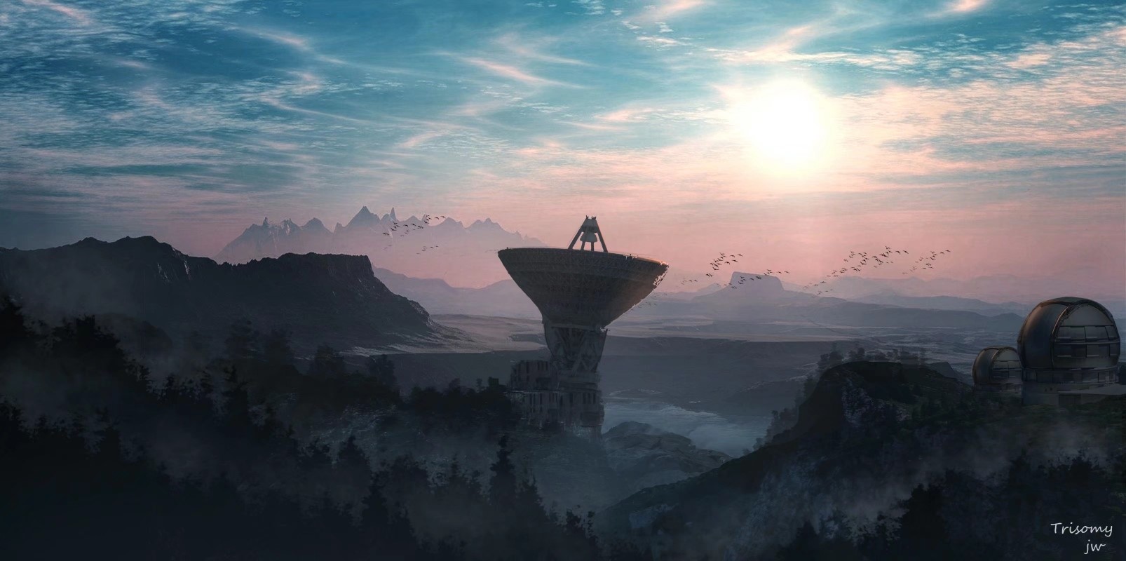 Digital artwork of a radio telescope in a mountainous landscape HD Wallpaper