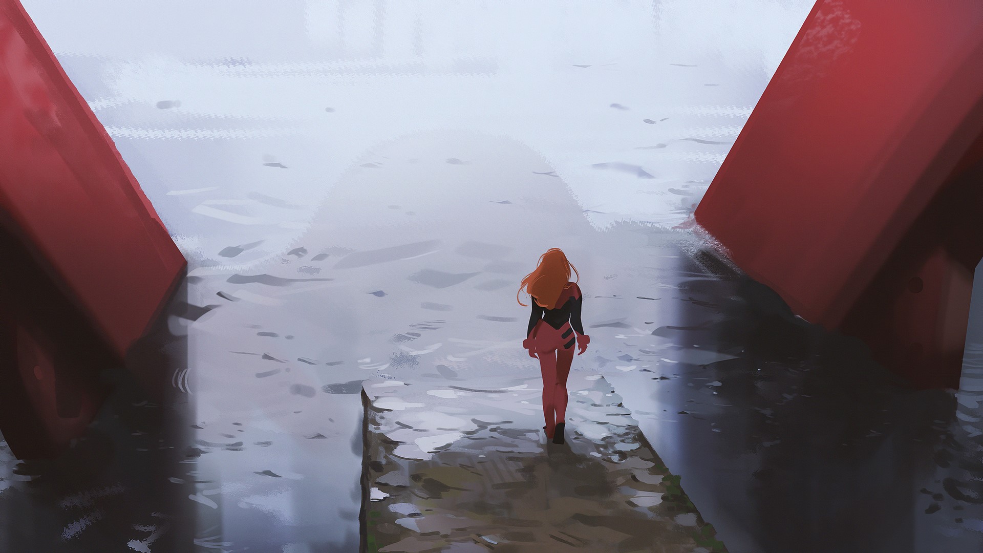 Asuka Langley Soryu from Neon Genesis Evangelion walking on a pier HD Wallpaper