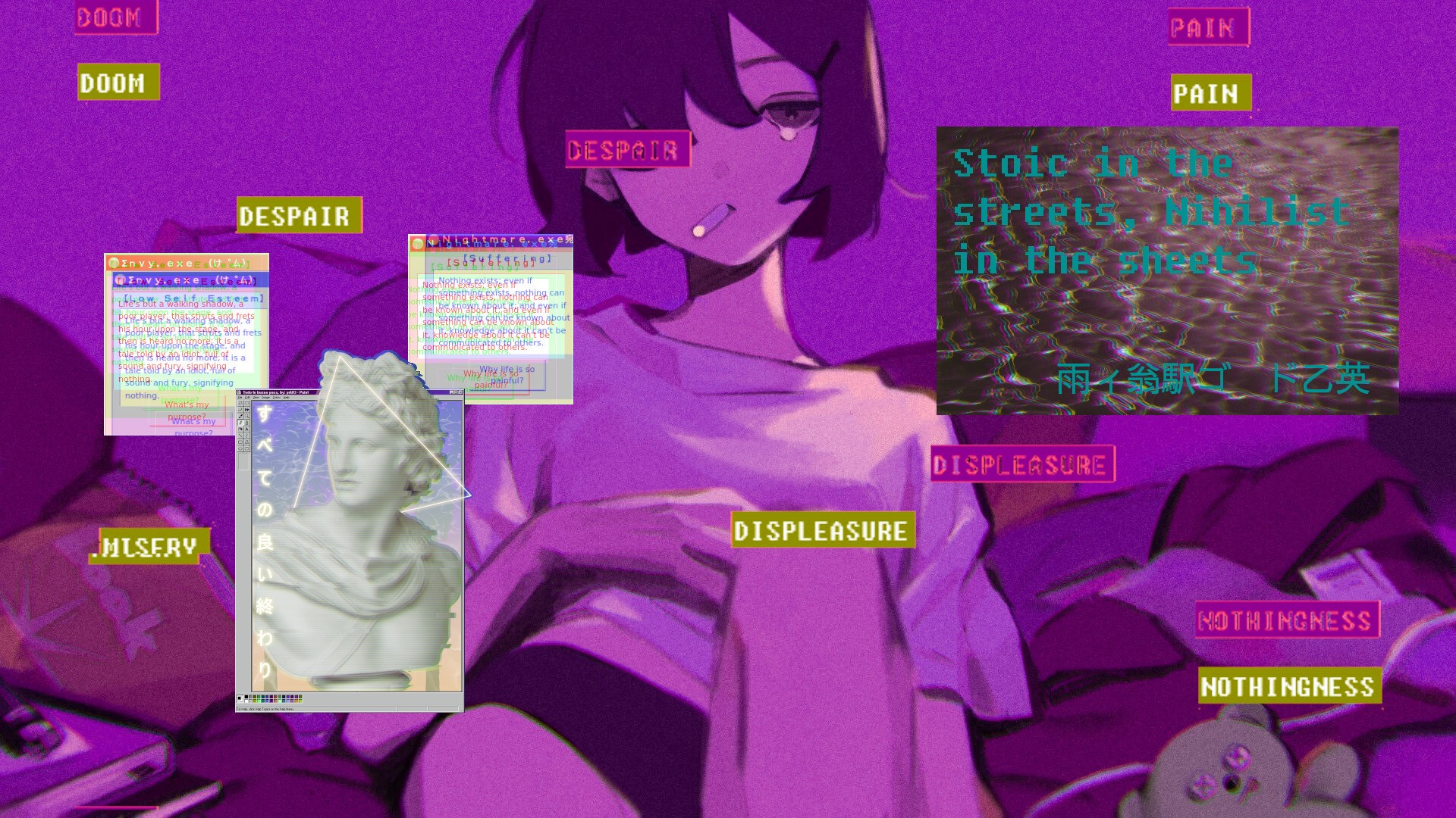 Anime girl with vaporwave aesthetic and philosophical text HD Wallpaper