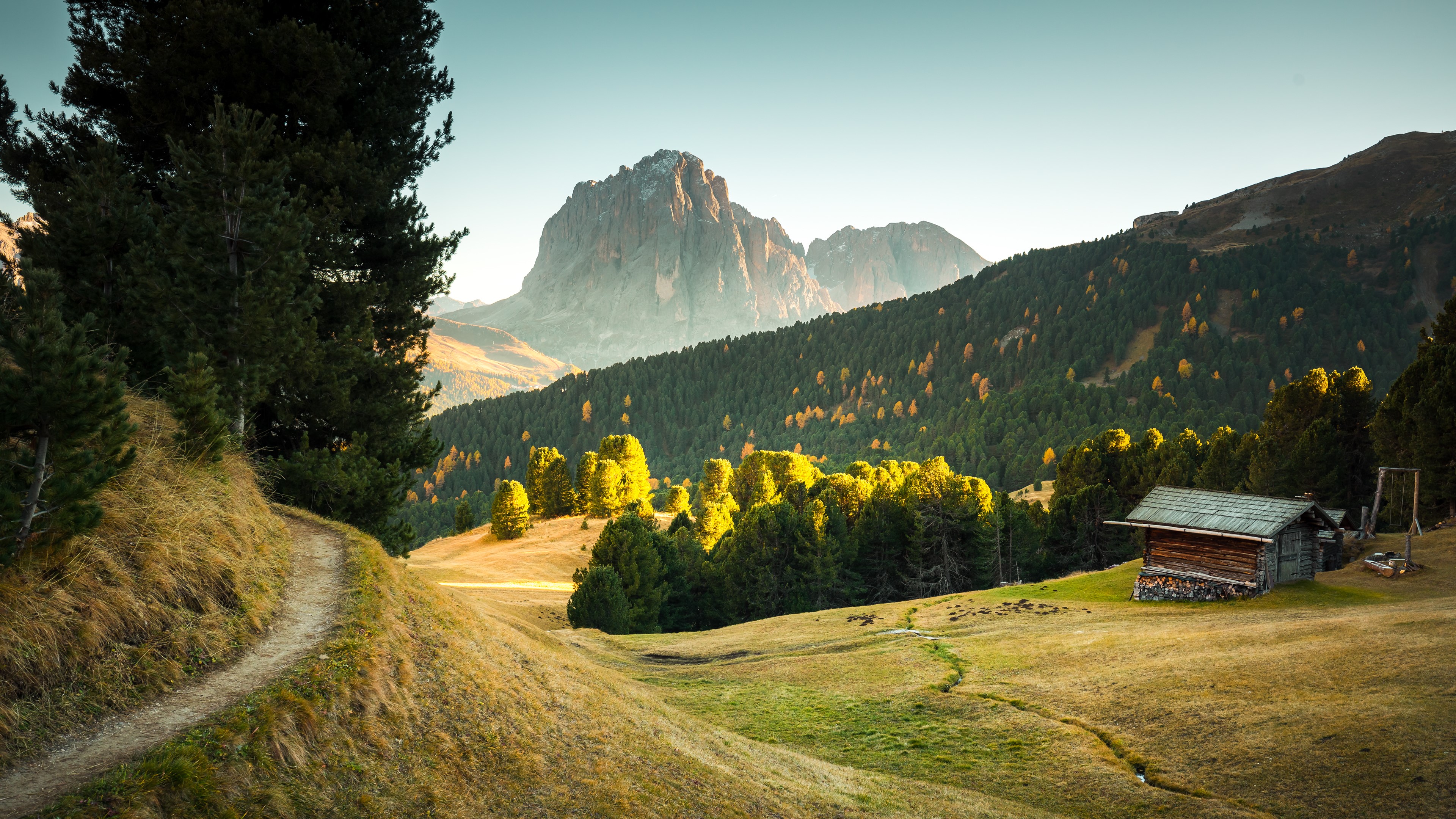 Mountain landscape with trees and a cabin HD Wallpaper