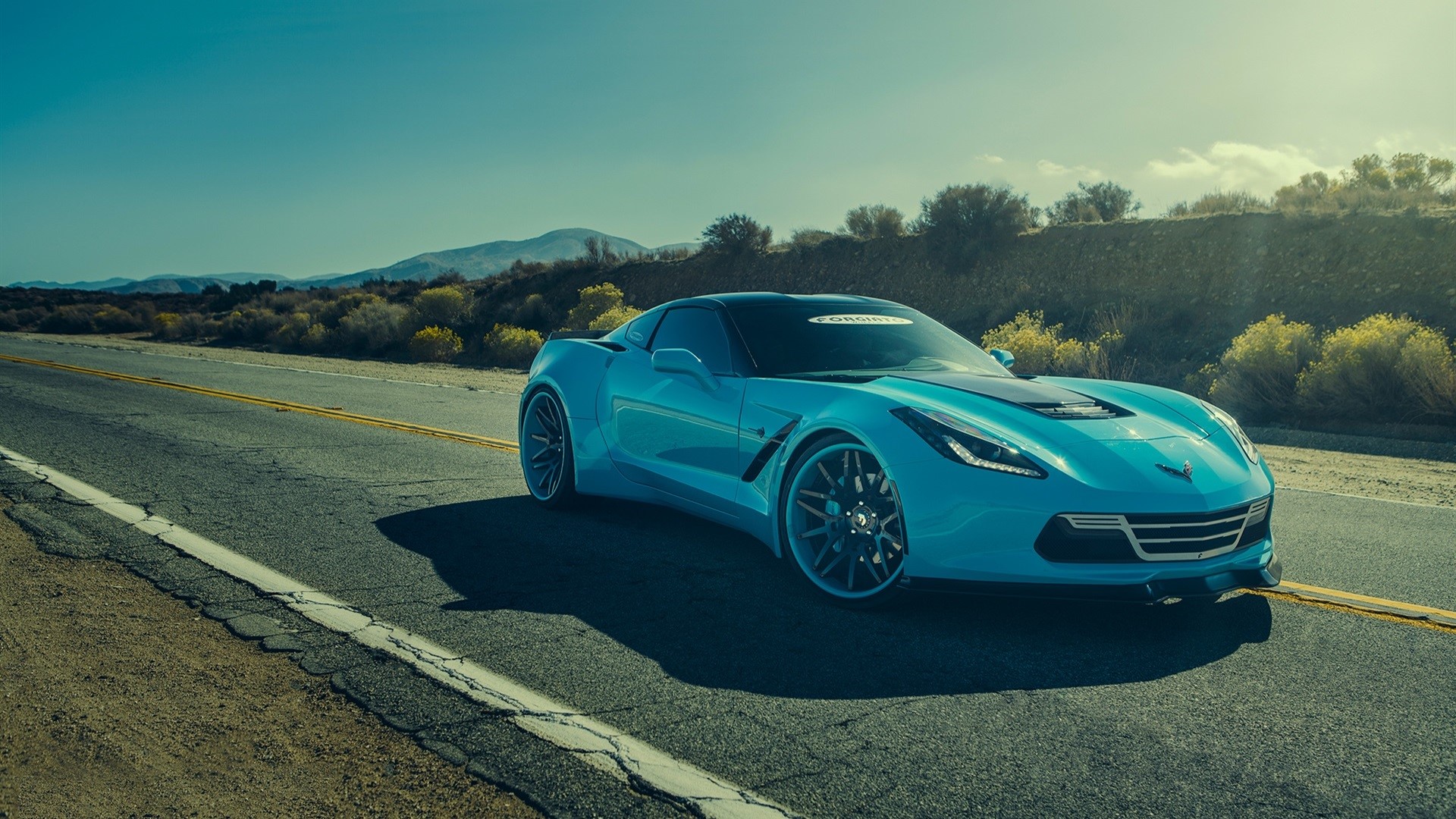 Blue Chevrolet Corvette on a Desert Road HD Wallpaper
