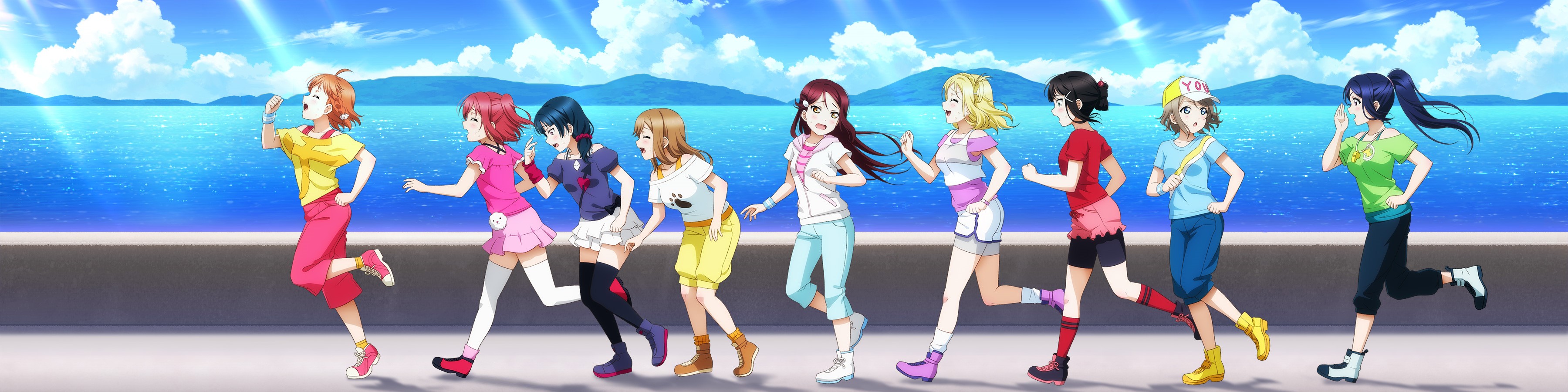 Anime girls running along the coast HD Wallpaper