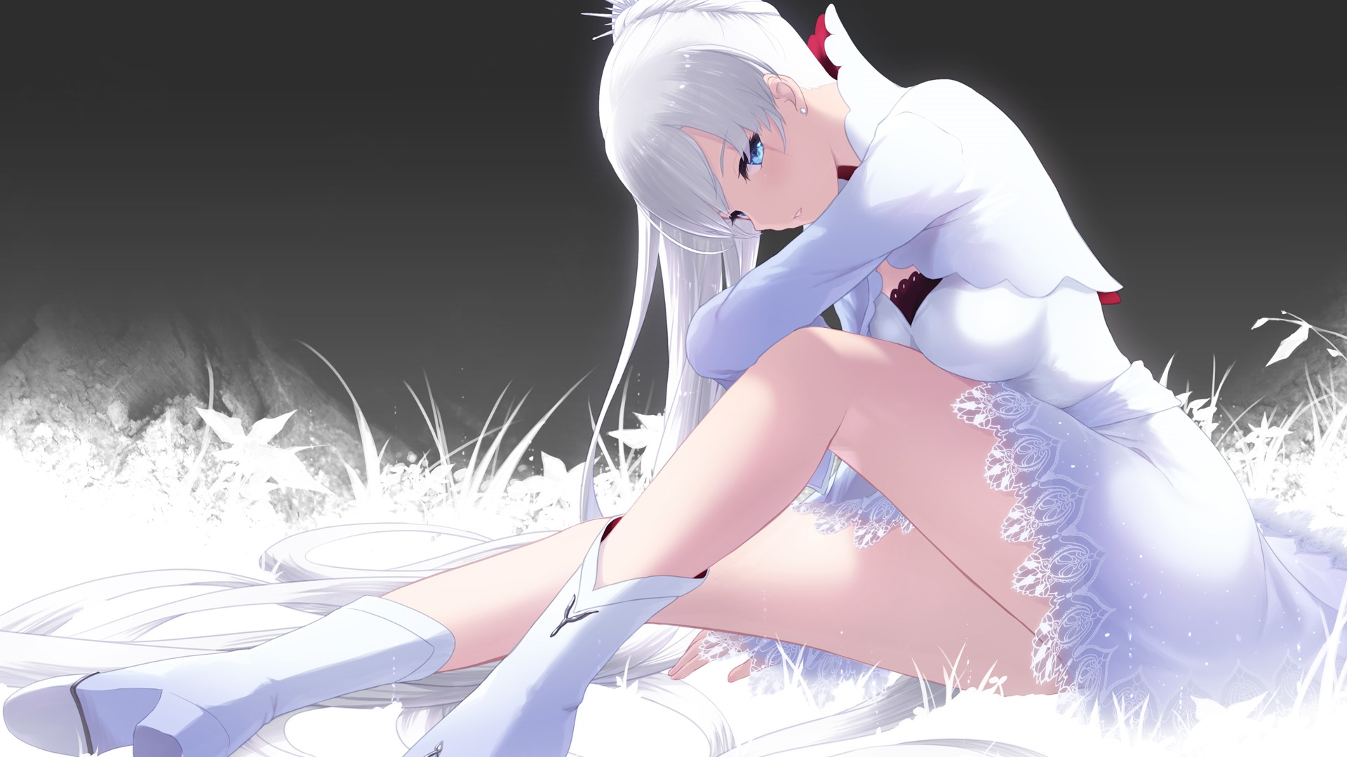 Weiss Schnee from RWBY sitting in a field HD Wallpaper