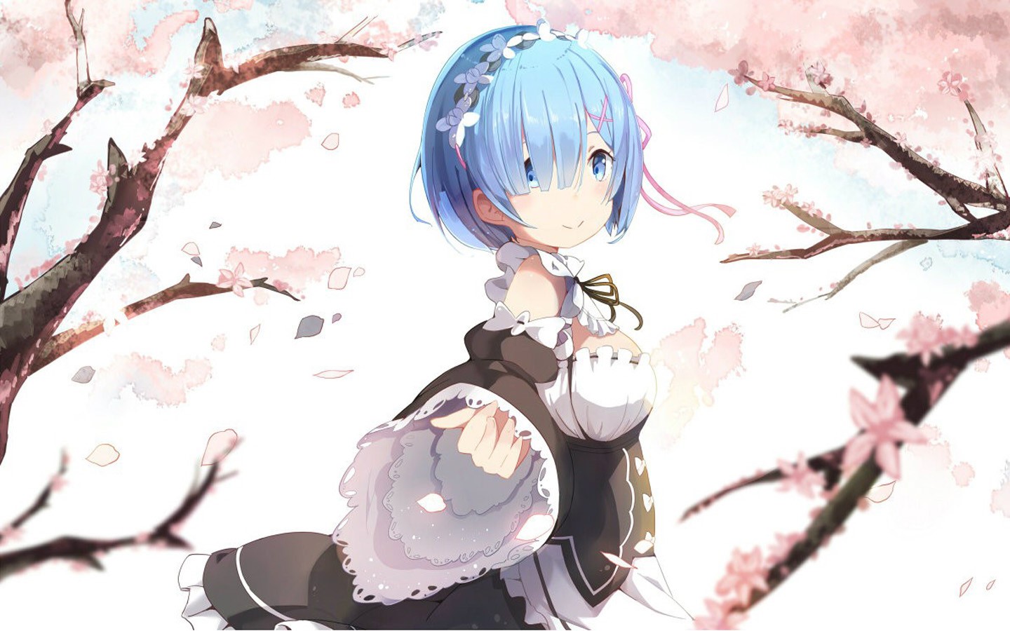 Rem from Re:Zero Kara Hajimeru Isekai Seikatsu with Cherry Blossoms HD Wallpaper