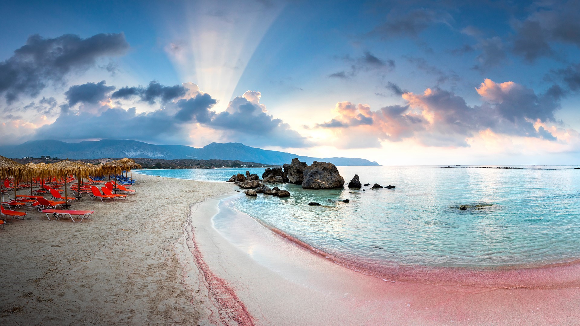 Elafonisi Beach Greece with Pink Sand and Sun Rays HD Wallpaper