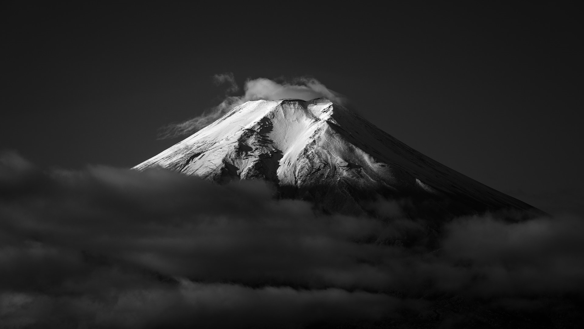 Mount Fuji with snow and clouds in monochrome HD Wallpaper