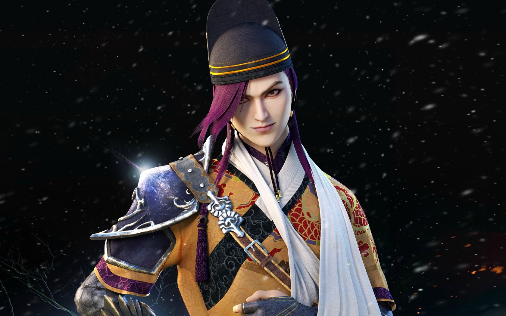 Anime character with purple hair and ornate clothing HD Wallpaper