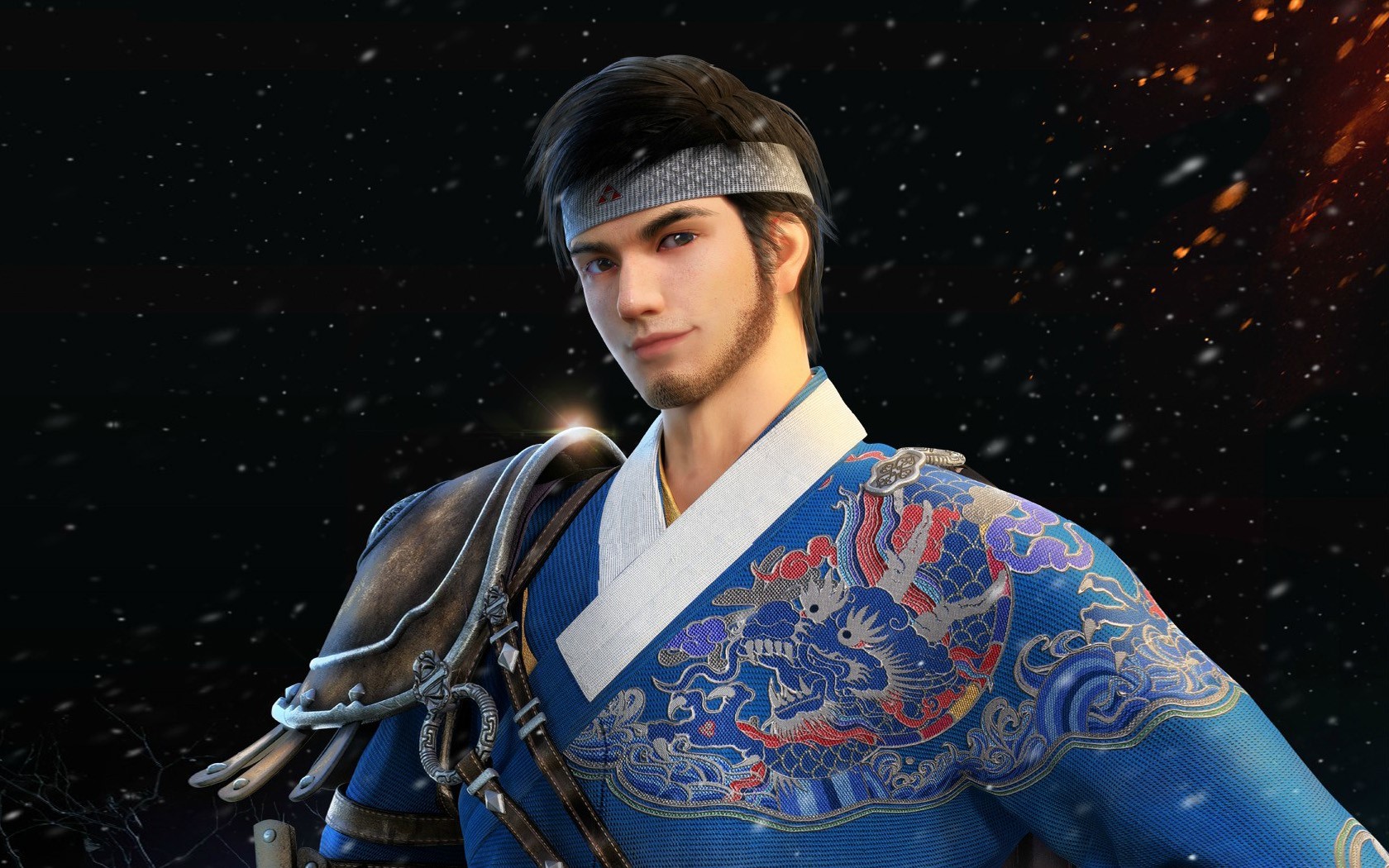 Anime man in blue dragon robe with headband HD Wallpaper