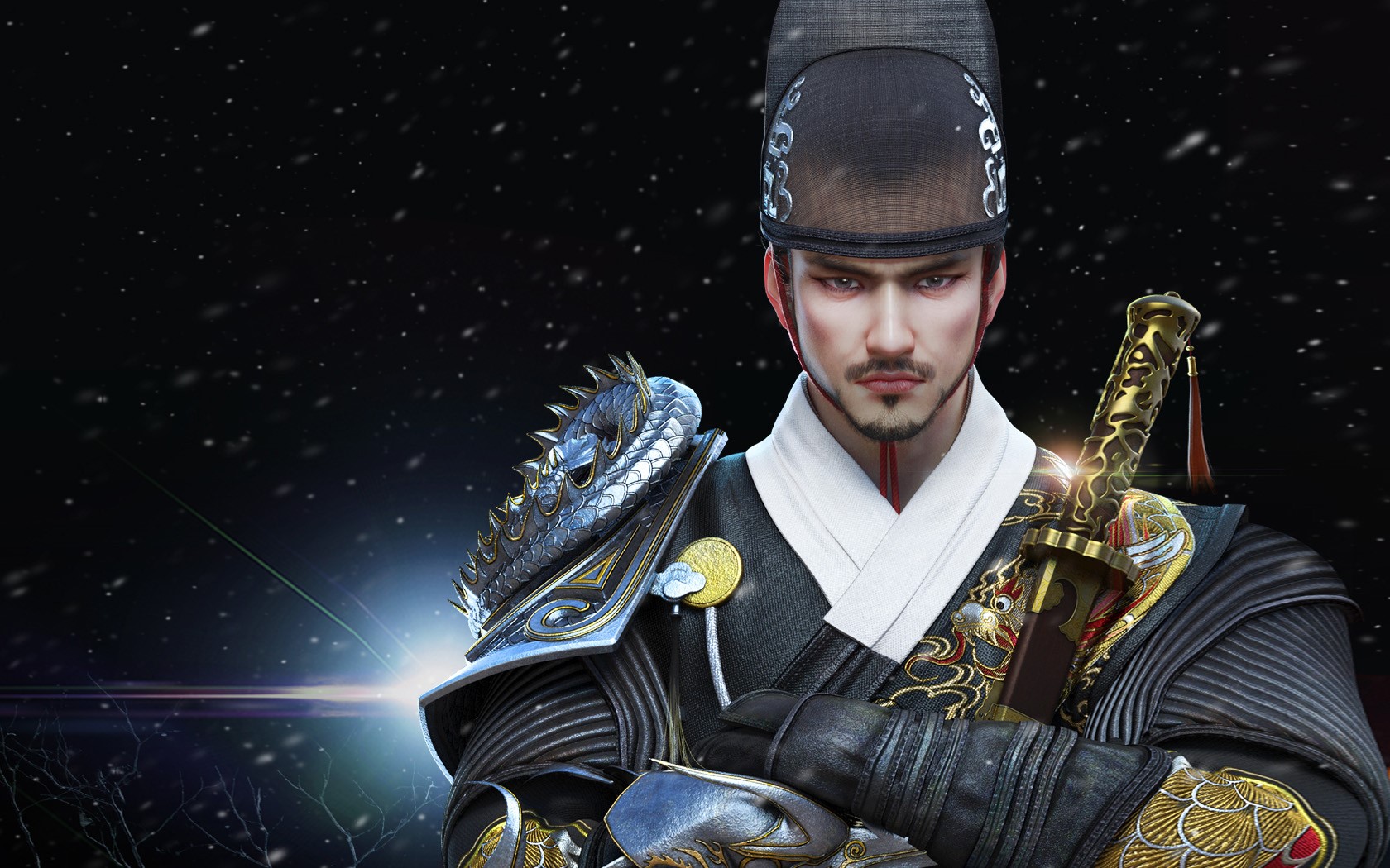 Man in traditional East Asian armor with sword HD Wallpaper
