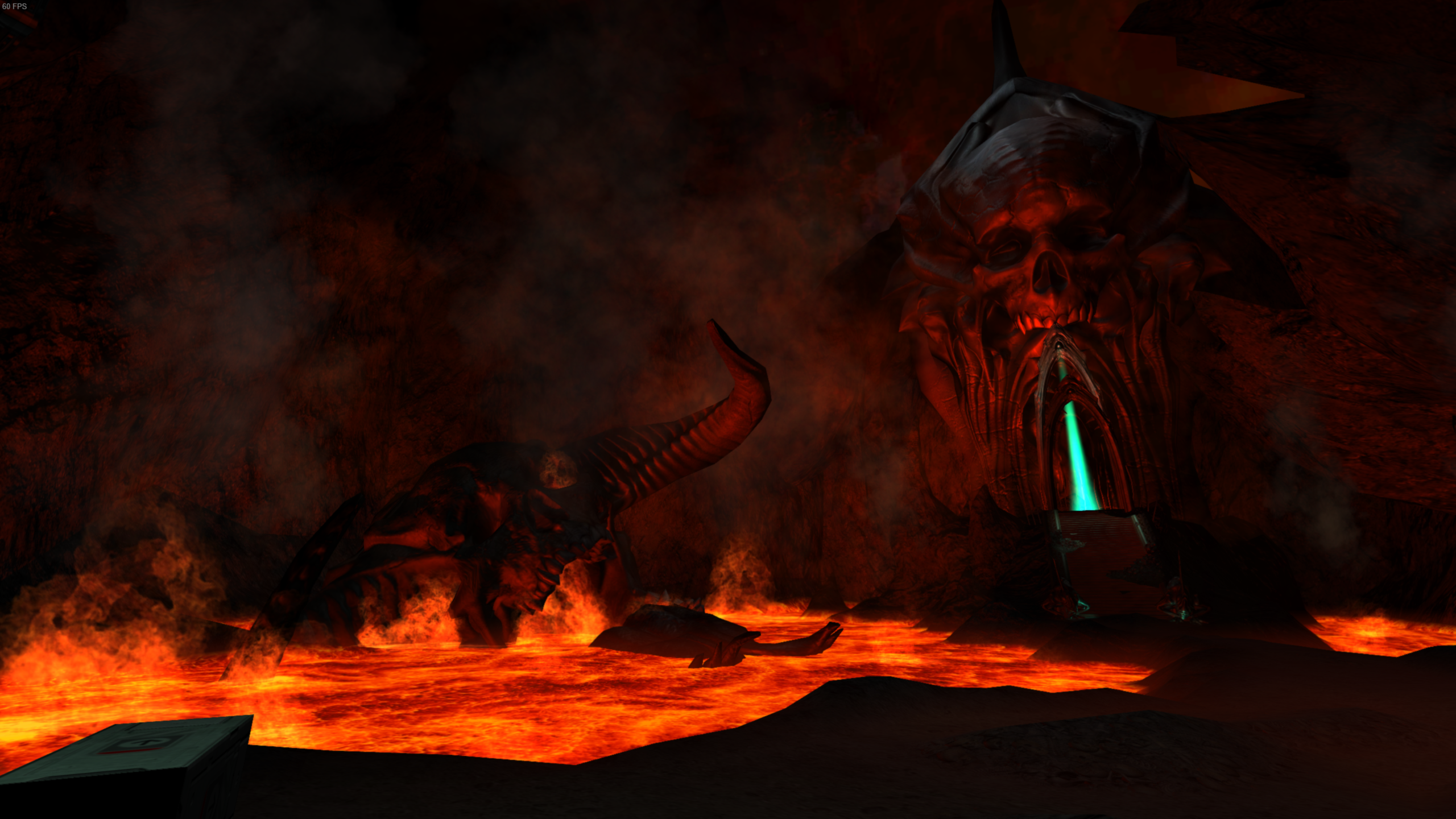 Demonic figures in a lava-filled cavern with a beam HD Wallpaper