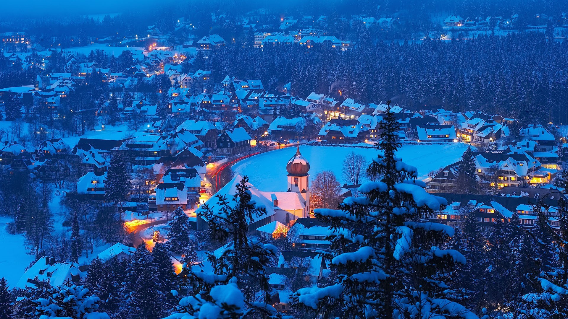 Winter village at night in Germany HD Wallpaper